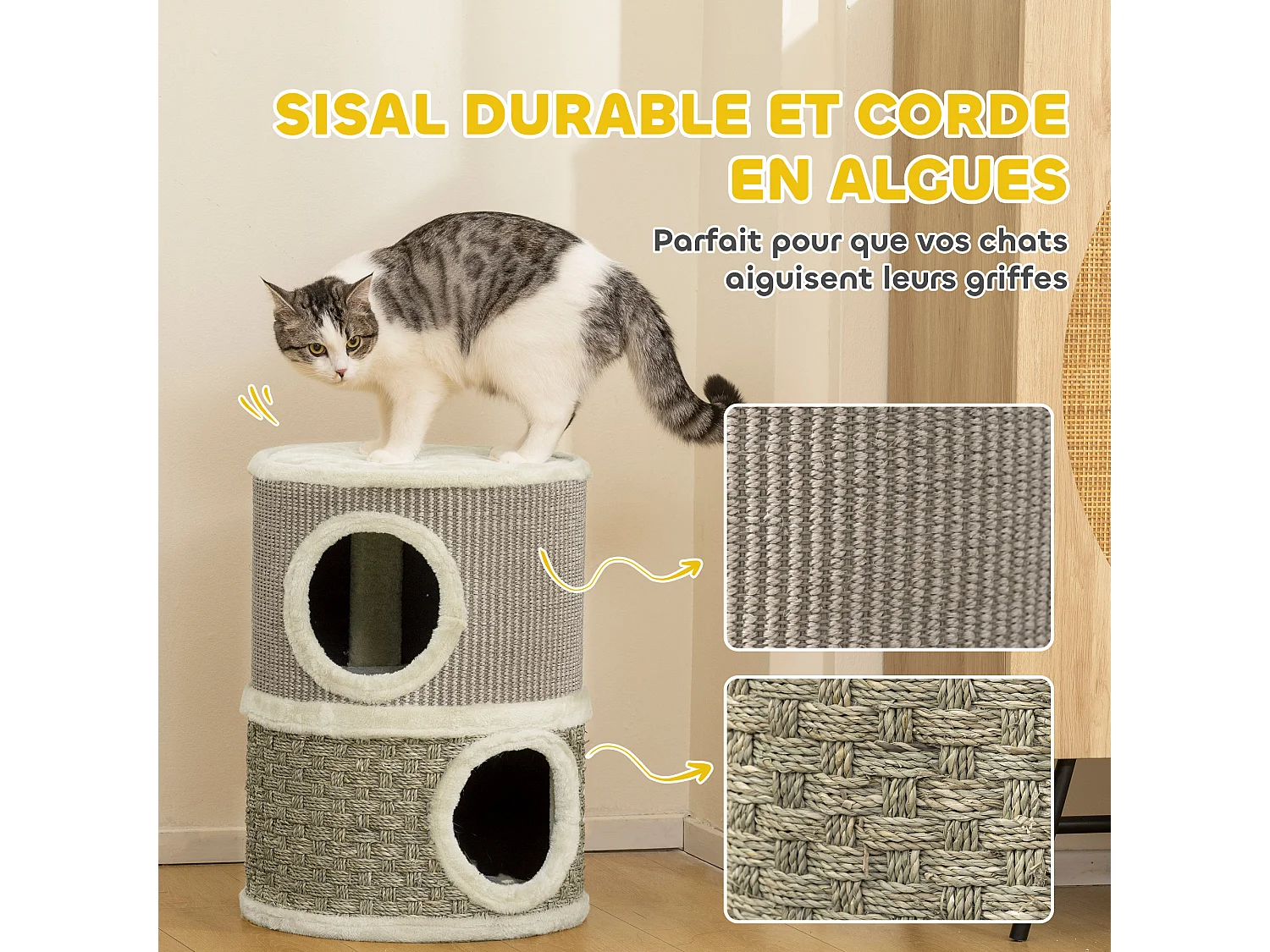 Arbre à chat cylindrique - tour à griffer pour chat - arbre à chat tour - tonneau griffoir - 2 niches + plateforme - sisal corde d'algues beige