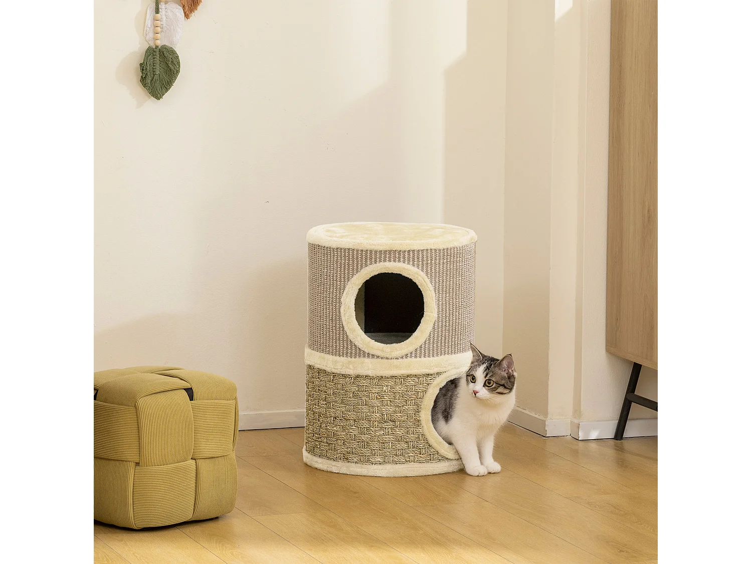 Arbre à chat cylindrique - tour à griffer pour chat - arbre à chat tour - tonneau griffoir - 2 niches + plateforme - sisal corde d'algues beige