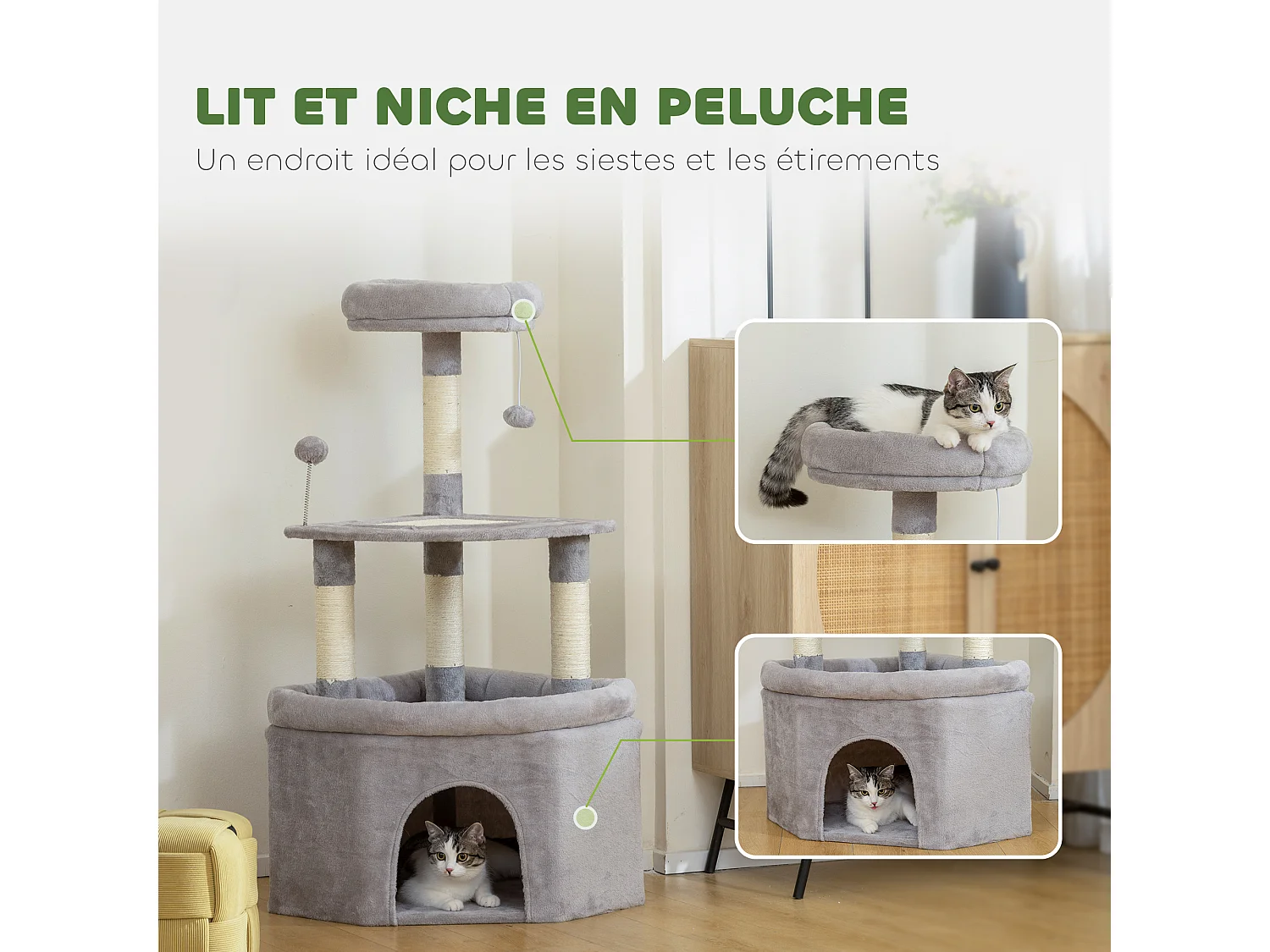 Arbre à chat d'angle H.114cm griffoirs grattoir grande niche plateformes gris