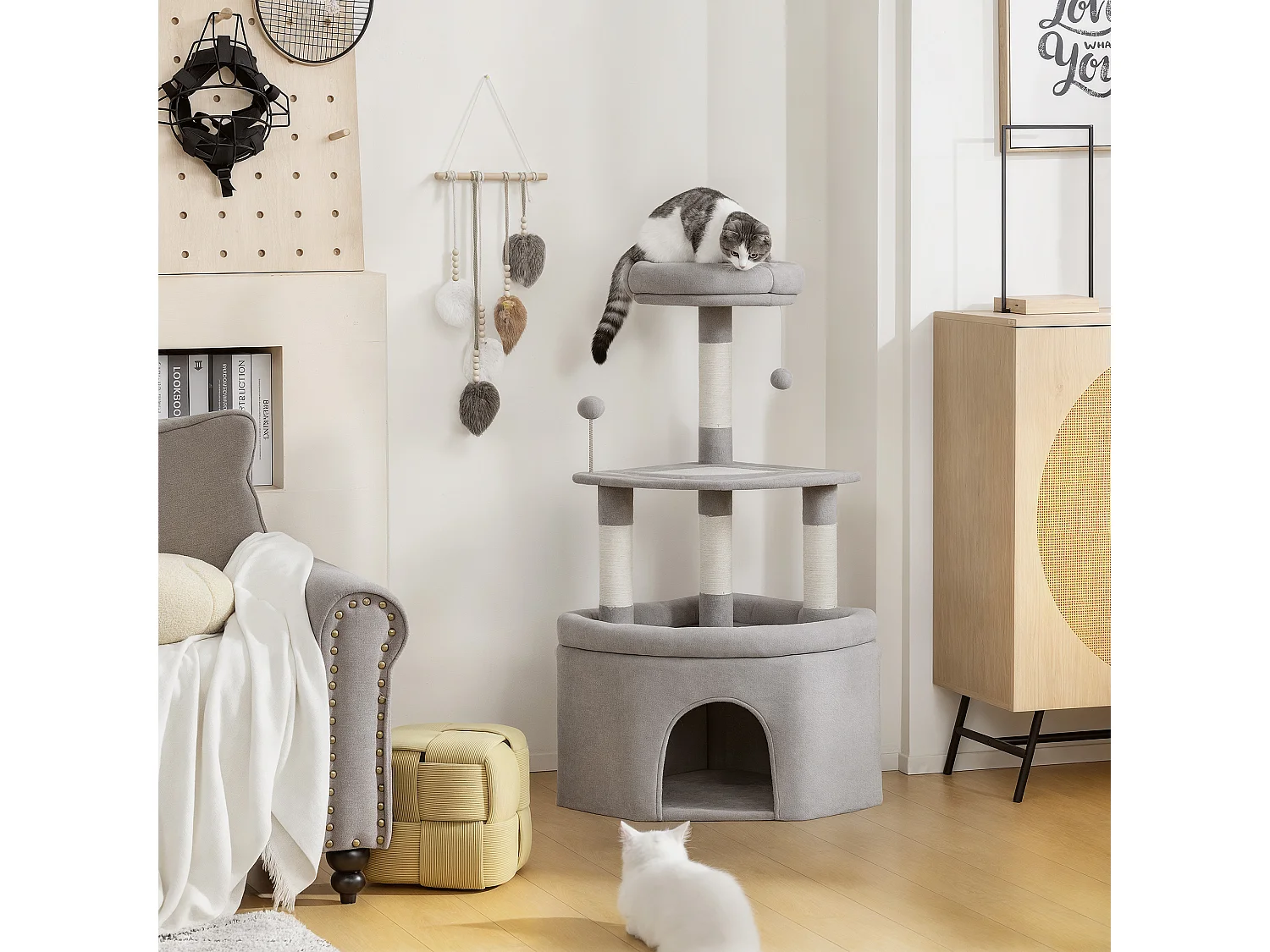 Arbre à chat d'angle H.114cm griffoirs grattoir grande niche plateformes gris