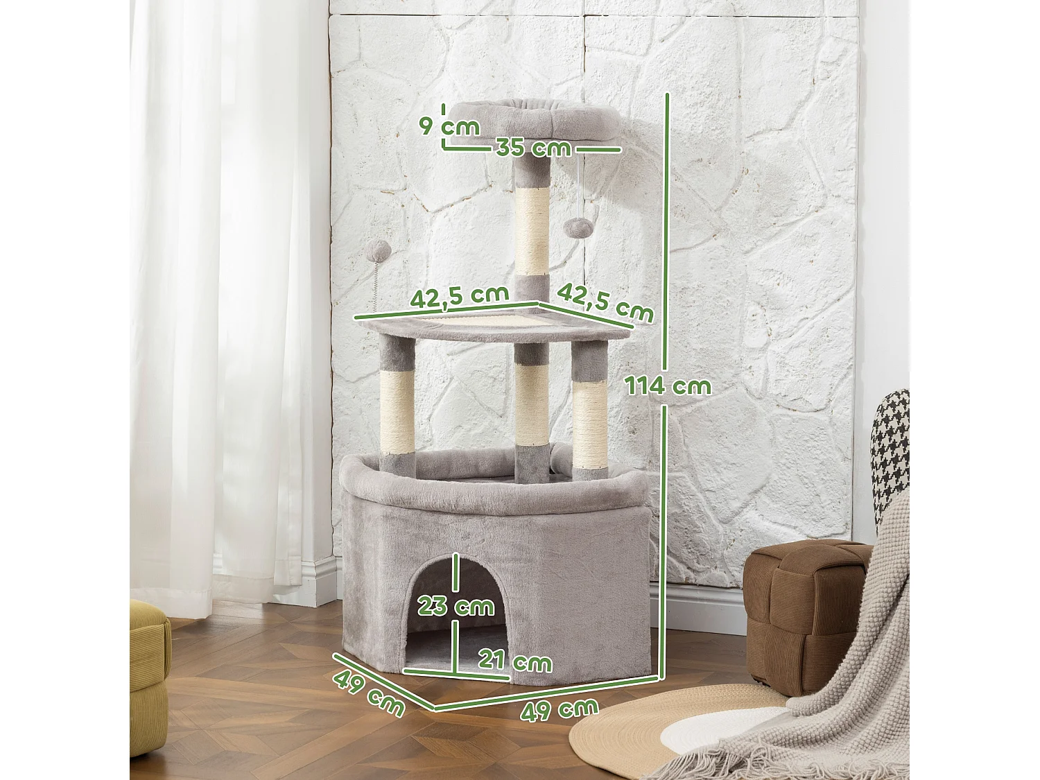 Arbre à chat d'angle H.114cm griffoirs grattoir grande niche plateformes gris