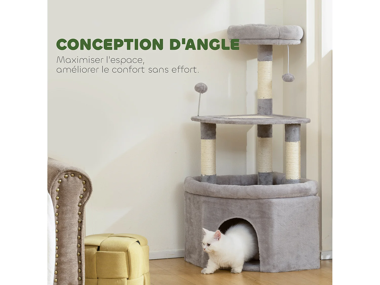 Arbre à chat d'angle H.114cm griffoirs grattoir grande niche plateformes gris
