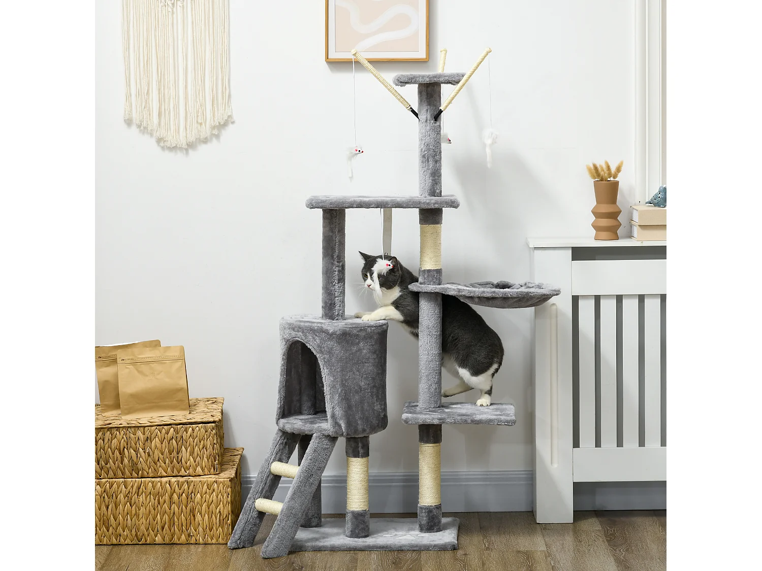 Arbre à chat multi-équipement griffoirs plateformes niche échelle hamac jouets gris