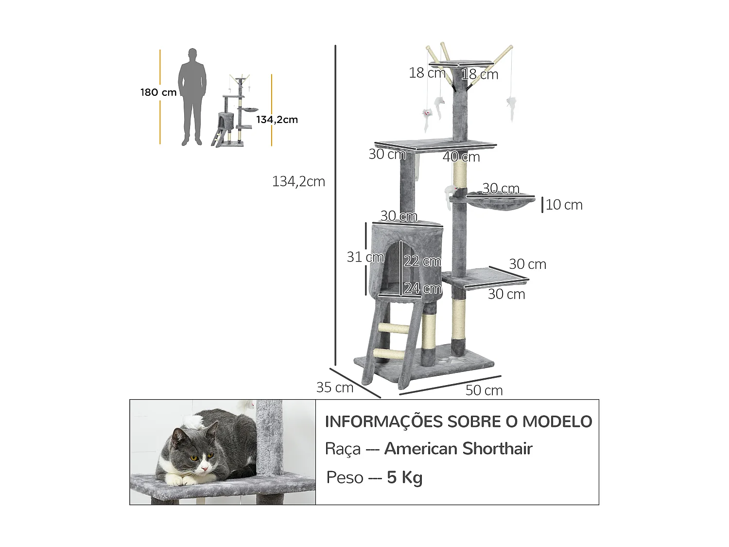 Arbre à chat multi-équipement griffoirs plateformes niche échelle hamac jouets gris