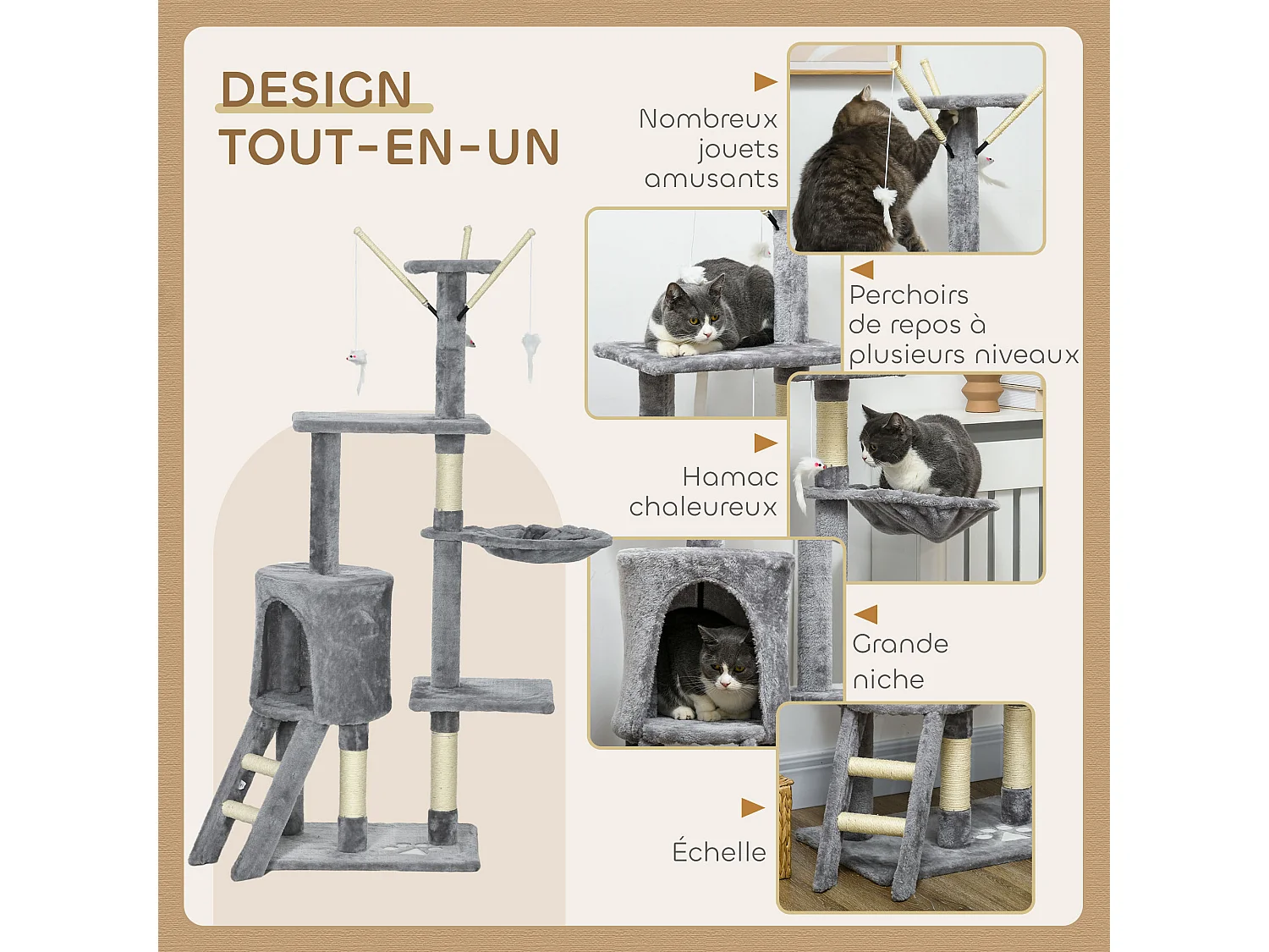 Arbre à chat multi-équipement griffoirs plateformes niche échelle hamac jouets gris