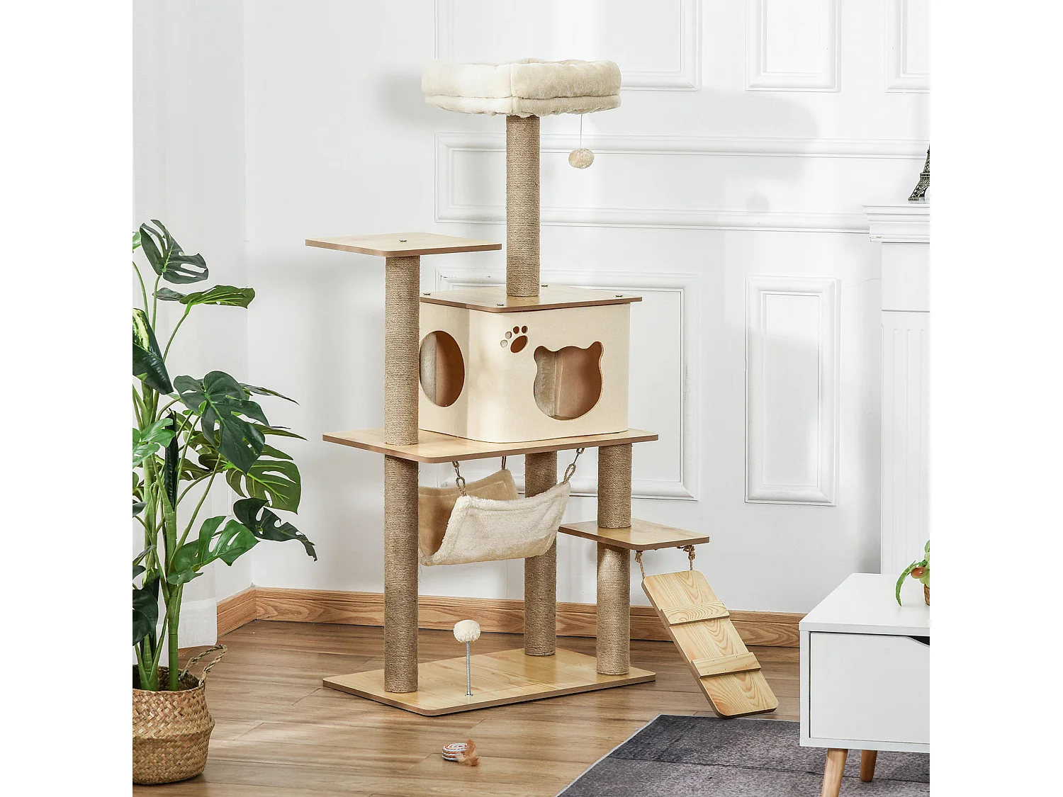 Arbre à chat design effet bois naturel H.130cm nombreux équipements jouets