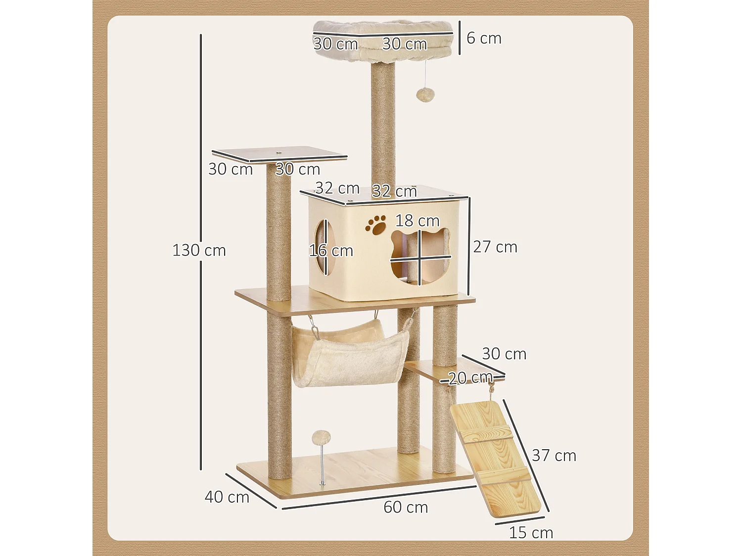 Arbre à chat design effet bois naturel H.130cm nombreux équipements jouets