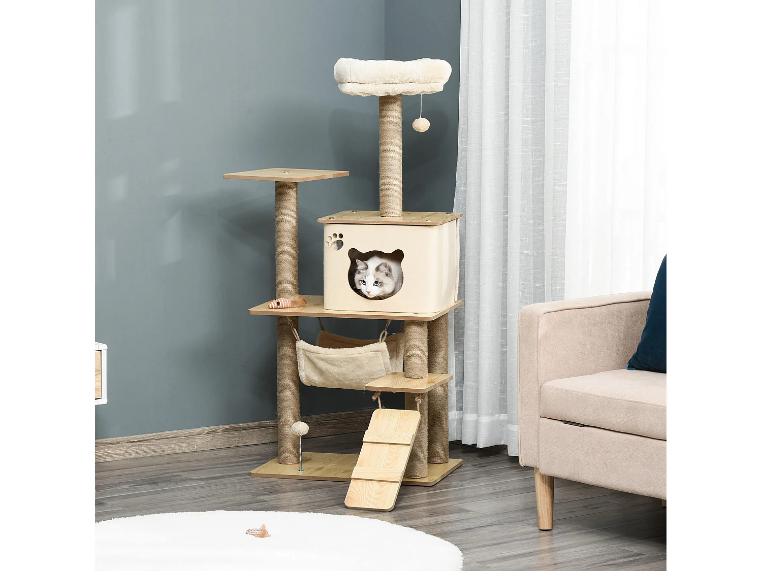 Arbre à chat design effet bois naturel H.130cm nombreux équipements jouets