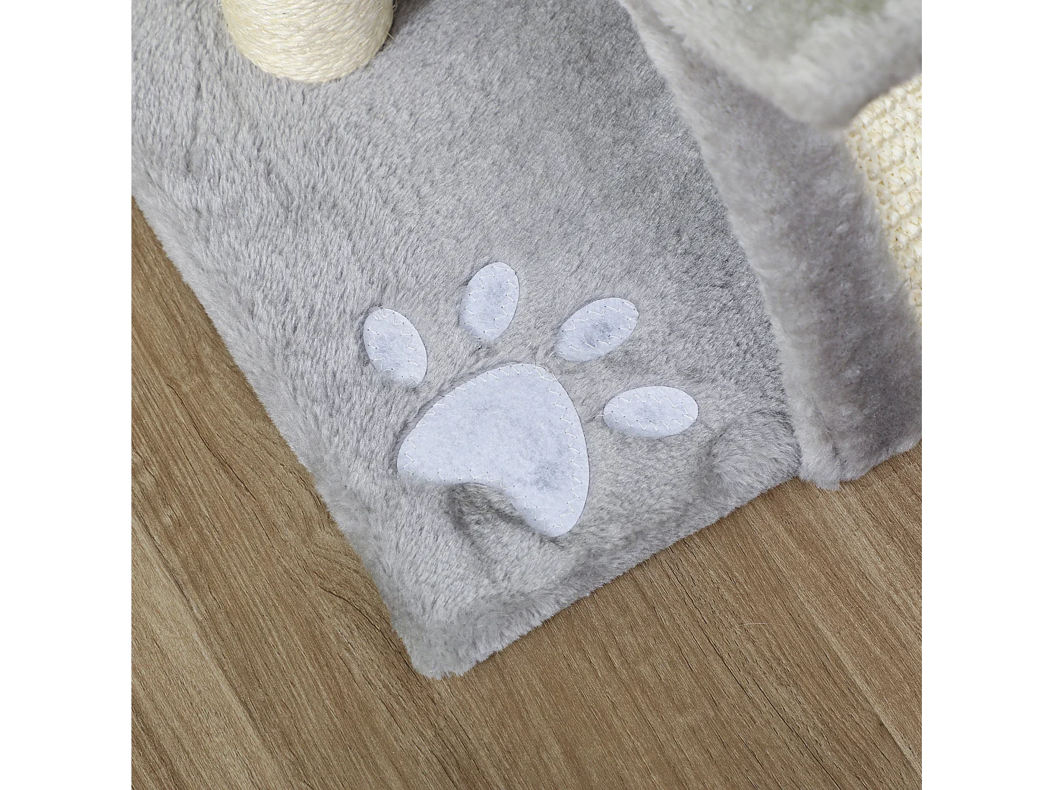 Arbre à chat design - griffoir, grattoir - jeu 2 boules rotatif, panier, tunnel - sisal peluche grise