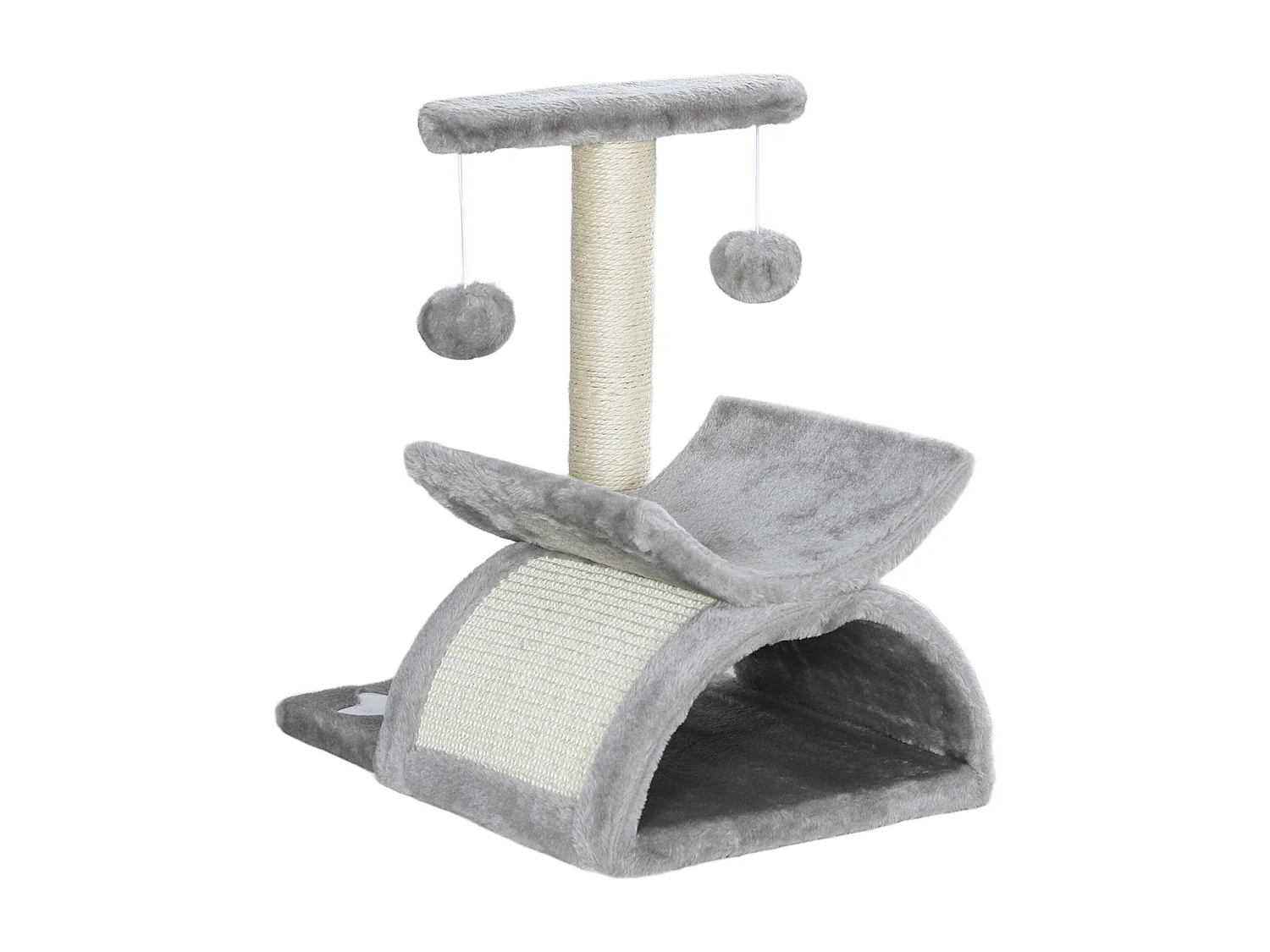 Arbre à chat design - griffoir, grattoir - jeu 2 boules rotatif, panier, tunnel - sisal peluche grise