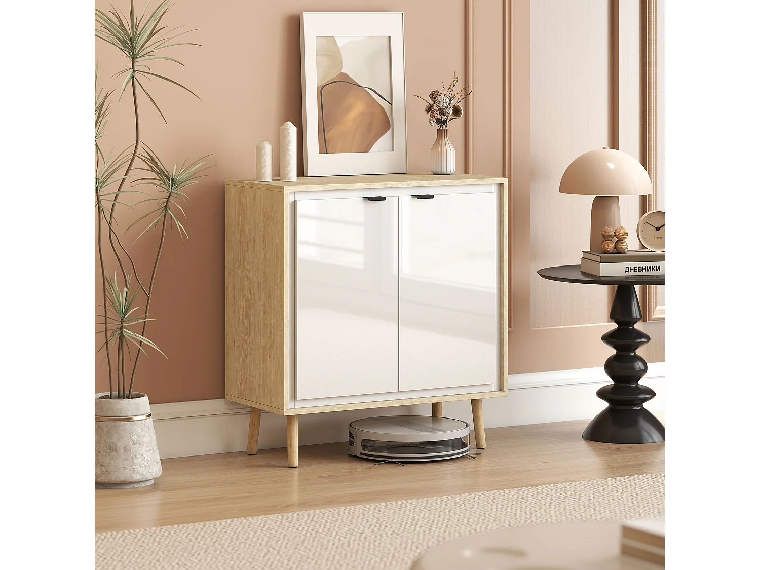 Buffet style nordique 2 portes étagère façade blanc laqué effet bois clair