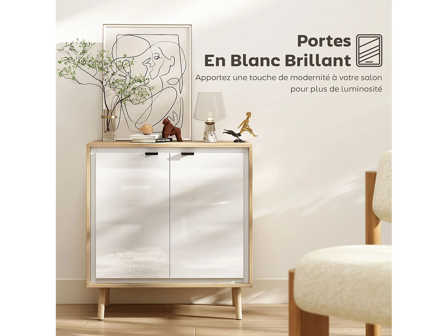 Buffet style nordique 2 portes étagère façade blanc laqué effet bois clair