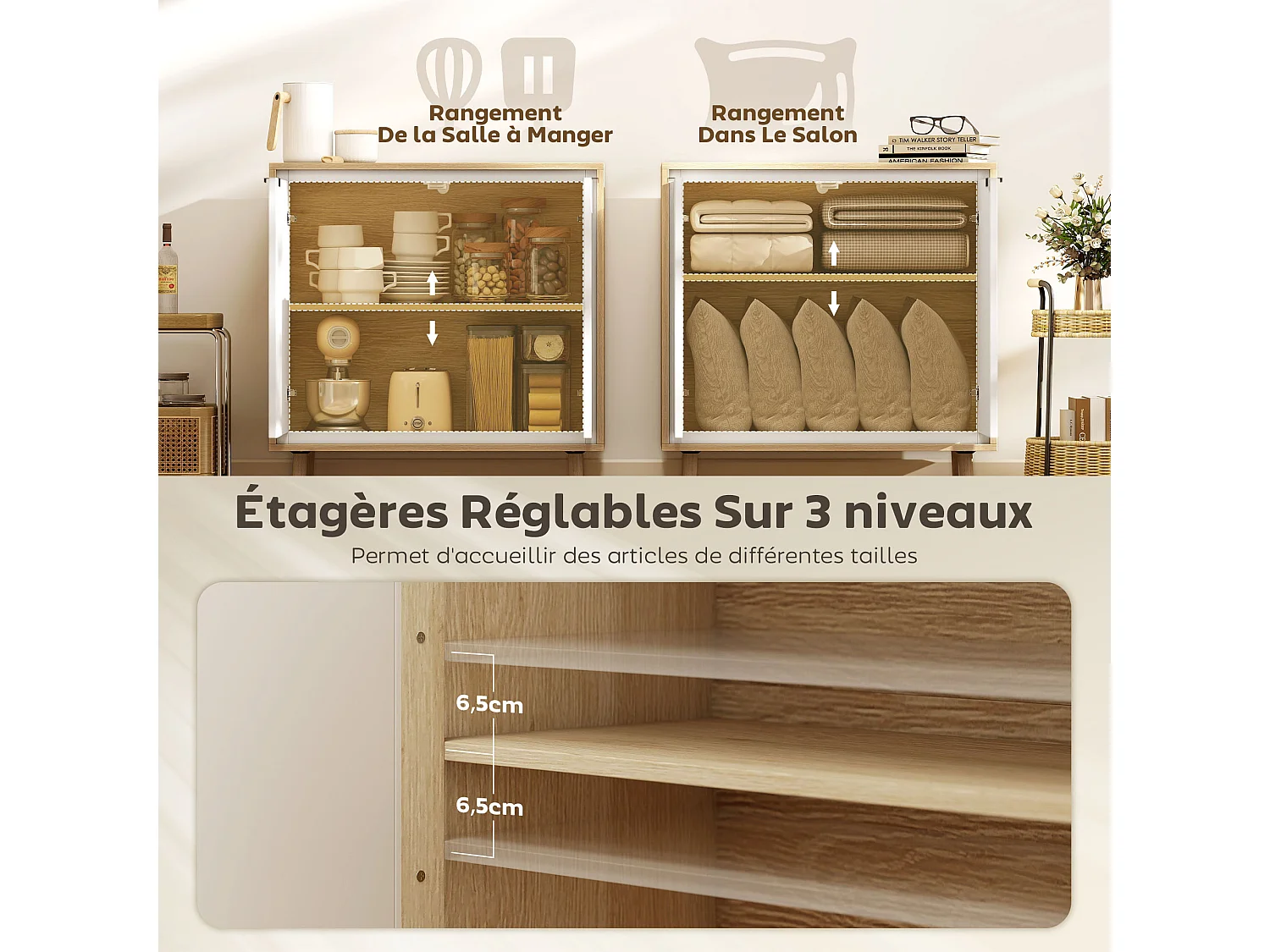 Buffet style nordique 2 portes étagère façade blanc laqué effet bois clair