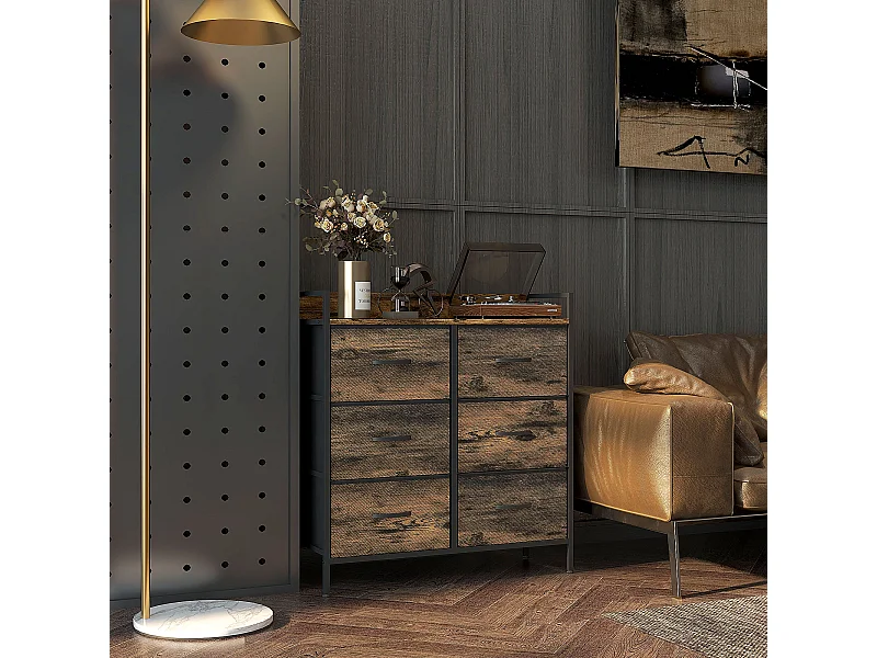 Commode style industriel - 6 tiroirs, étagère - châssis métal noir tiroirs non tissés effet bois vieilli