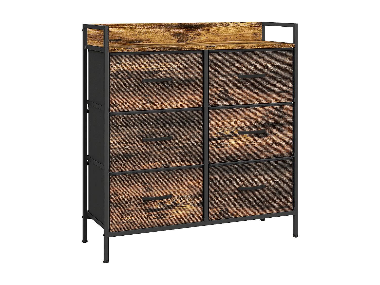 Commode style industriel - 6 tiroirs, étagère - châssis métal noir tiroirs non tissés effet bois vieilli