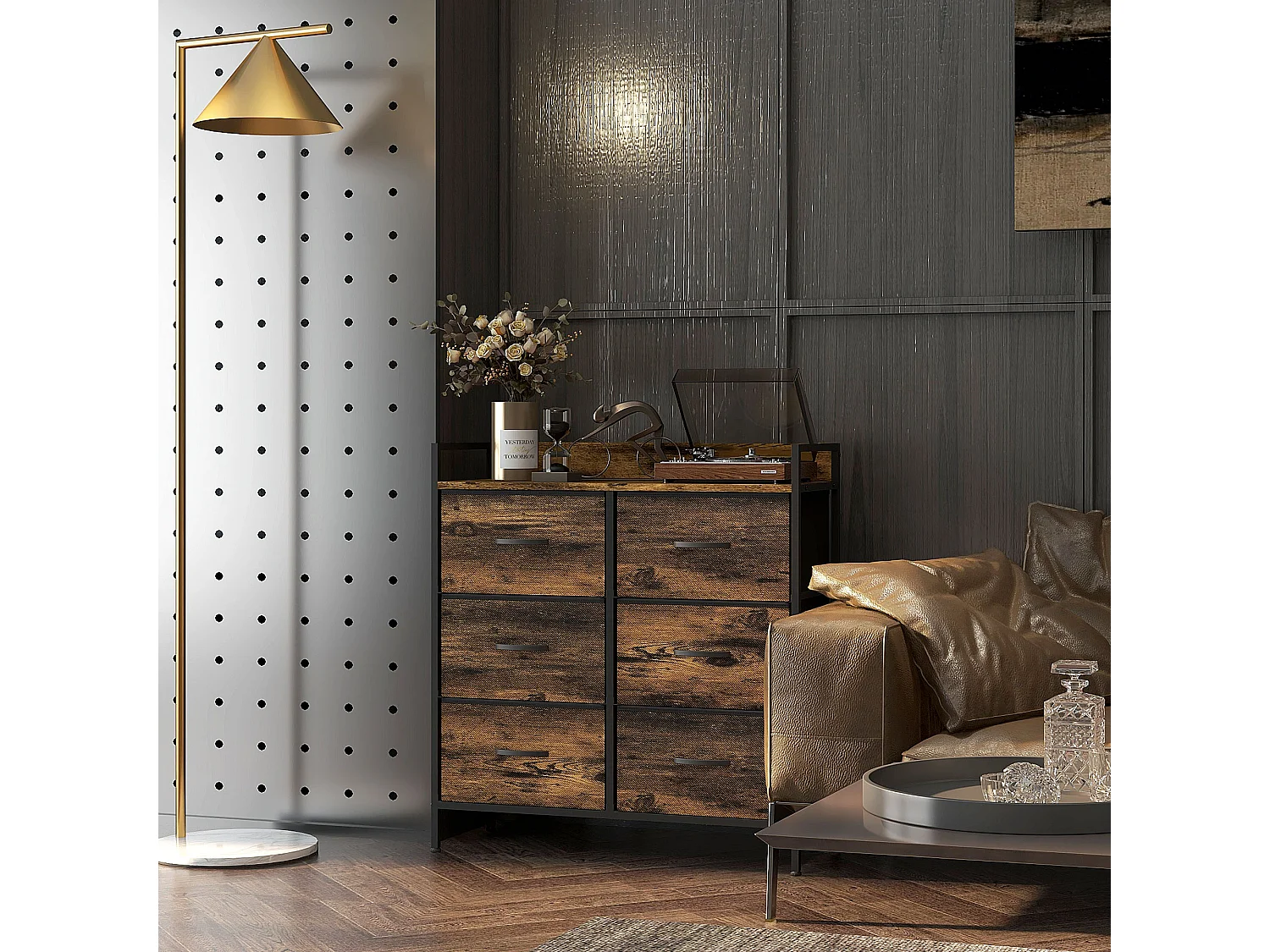 Commode style industriel - 6 tiroirs, étagère - châssis métal noir tiroirs non tissés effet bois vieilli