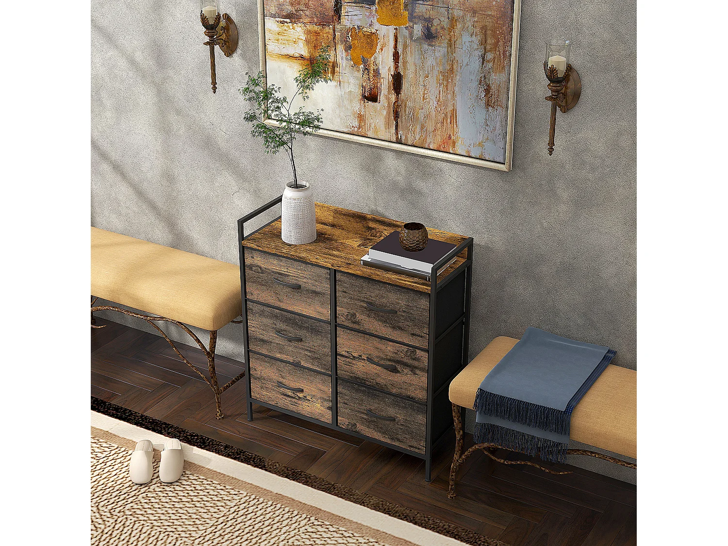 Commode style industriel - 6 tiroirs, étagère - châssis métal noir tiroirs non tissés effet bois vieilli