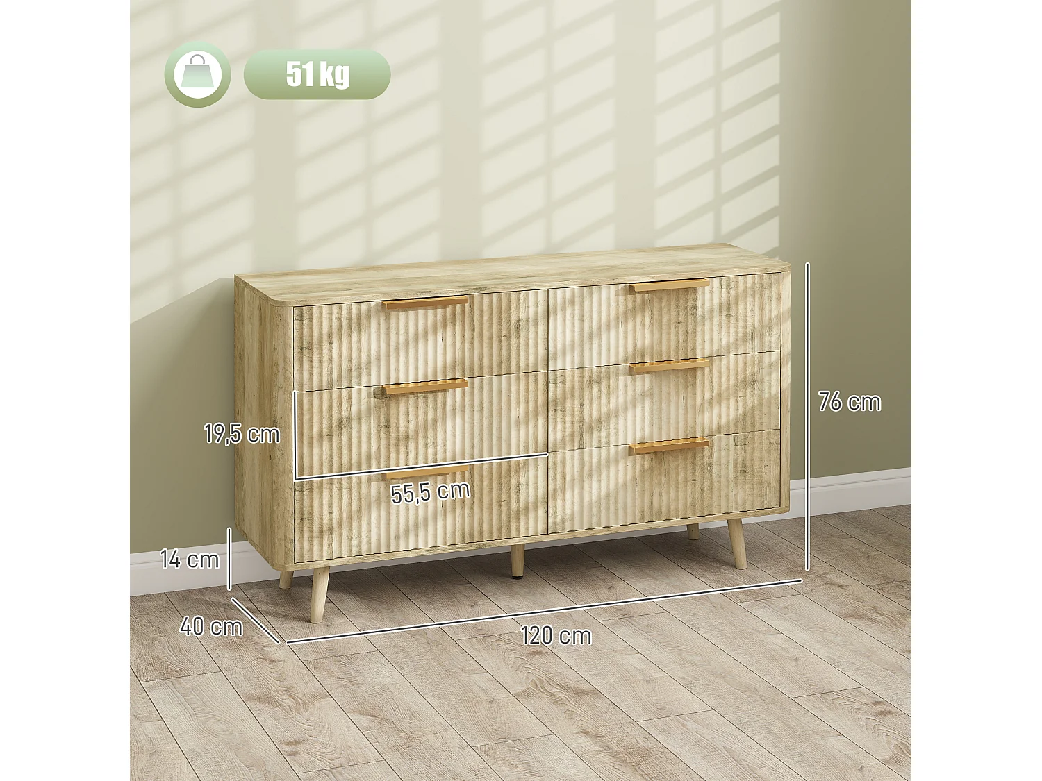 Commode 6 tiroirs effet bois façades cannelées poignées métal doré