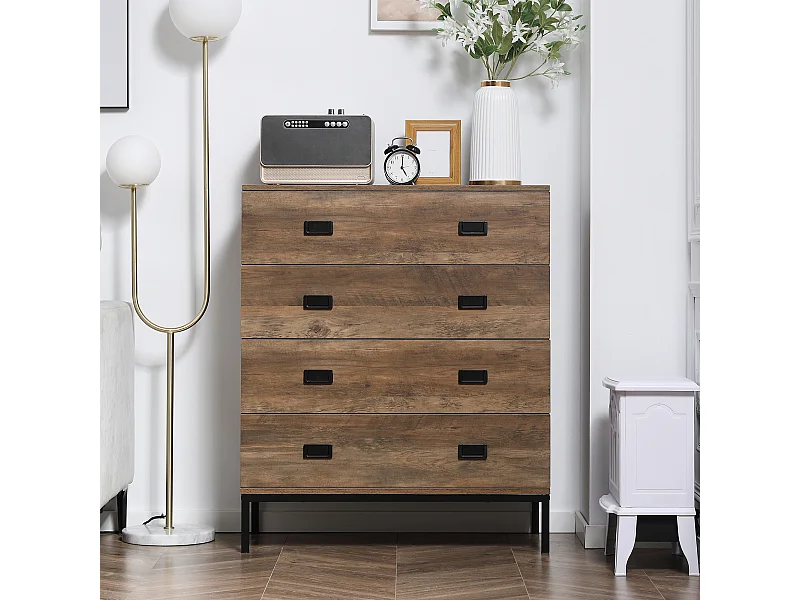 Commode 4 tiroirs style exotique effet bois de manguier piètement poignées métal noir dim. 80 x 39 x 95 cm