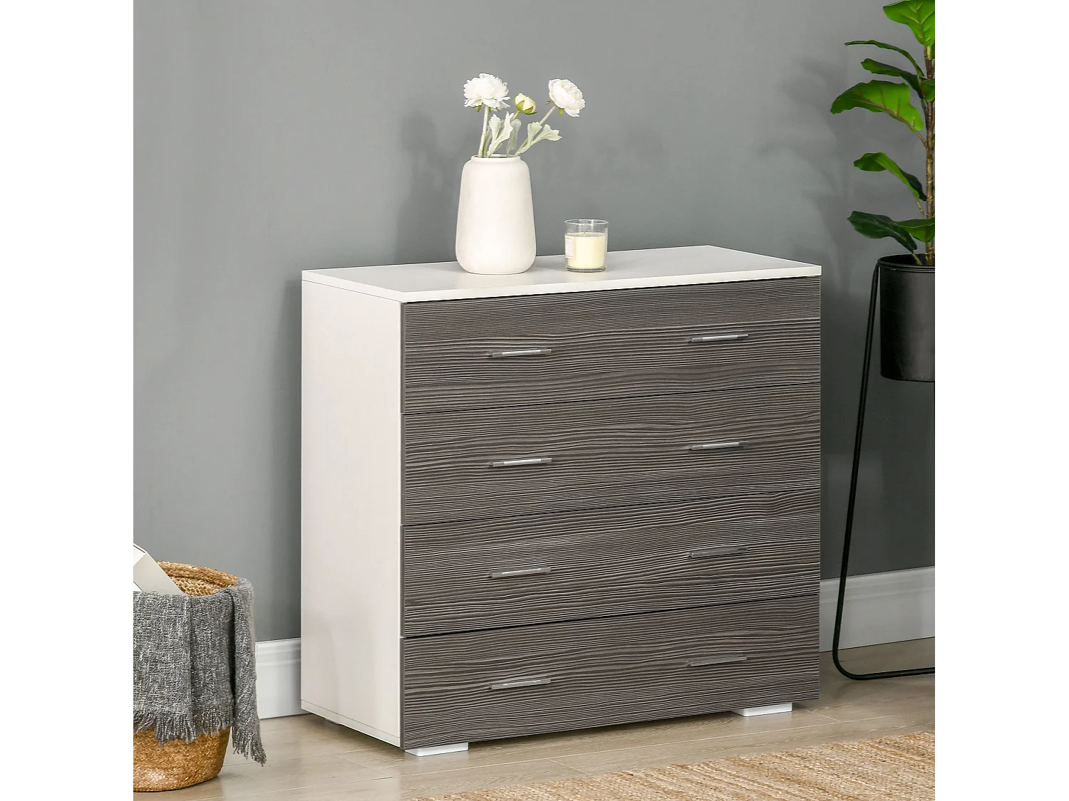 Commode 4 tiroirs style contemporain 76 x 35 x 72 cm blanc gris