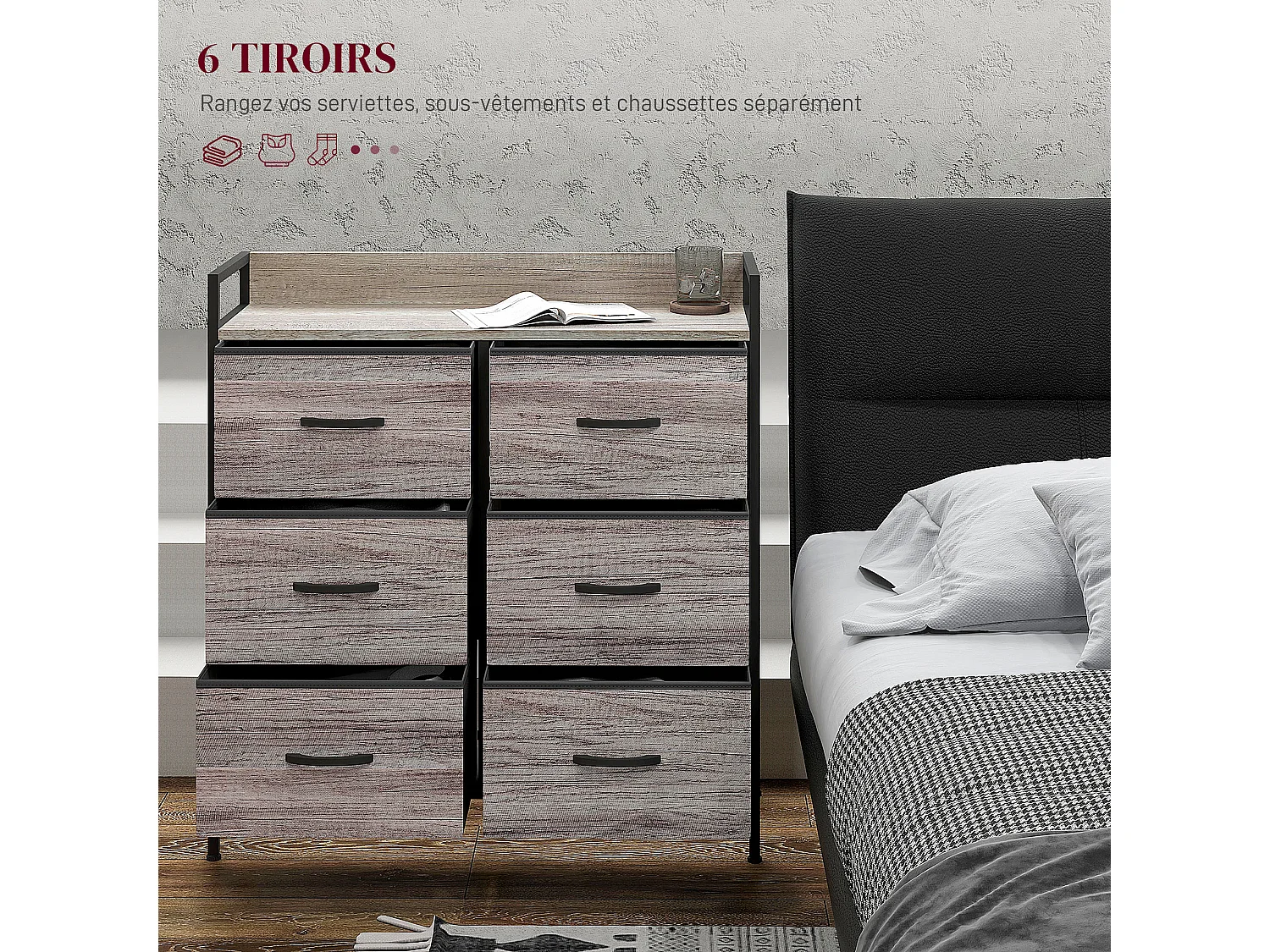 Commode style industriel - 6 tiroirs, étagère - châssis métal noir tiroirs non tissés effet bois gris
