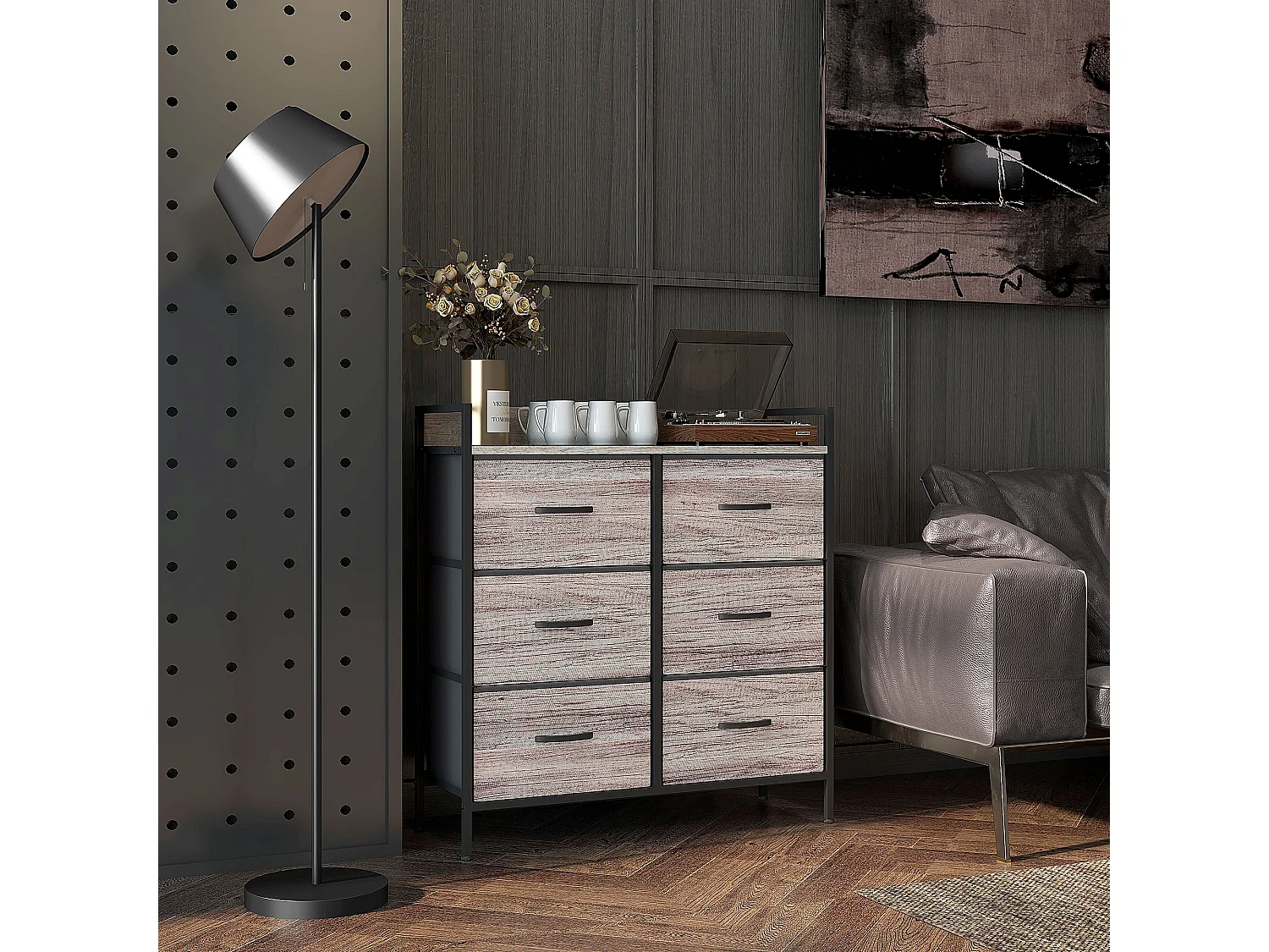 Commode style industriel - 6 tiroirs, étagère - châssis métal noir tiroirs non tissés effet bois gris