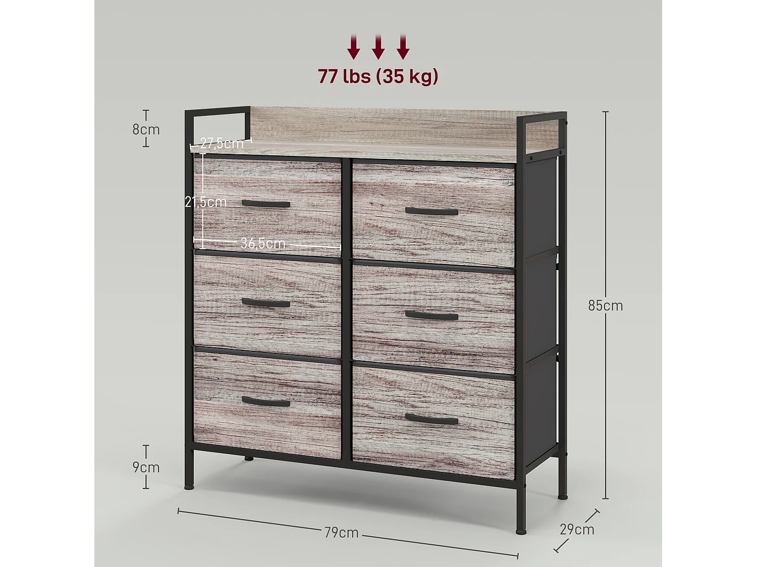 Commode style industriel - 6 tiroirs, étagère - châssis métal noir tiroirs non tissés effet bois gris