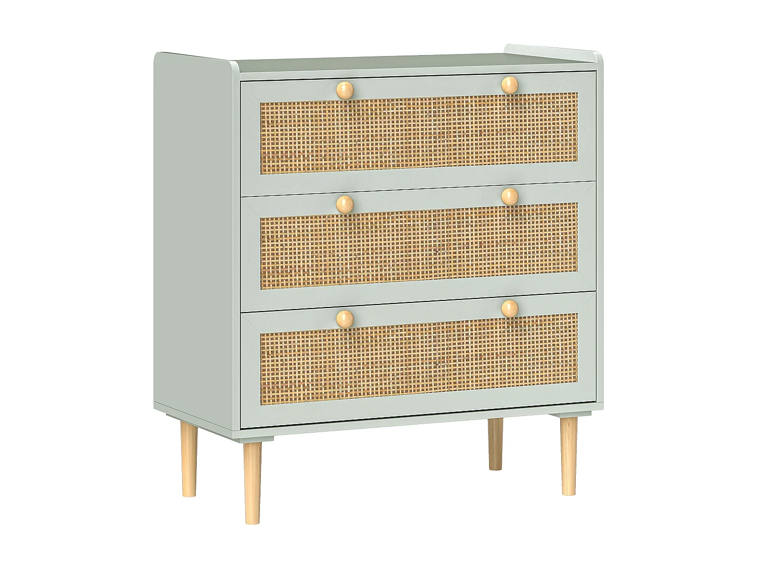 Commode 3 tiroirs style bohème chic cannage en rotin piètement effet bois vert de gris