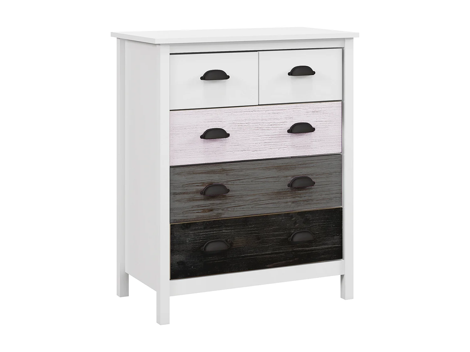 Commode 5 tiroirs style  shabby chic - poignées coquille métal noir - 70 x 38 x 85 cm - blanc effet bois