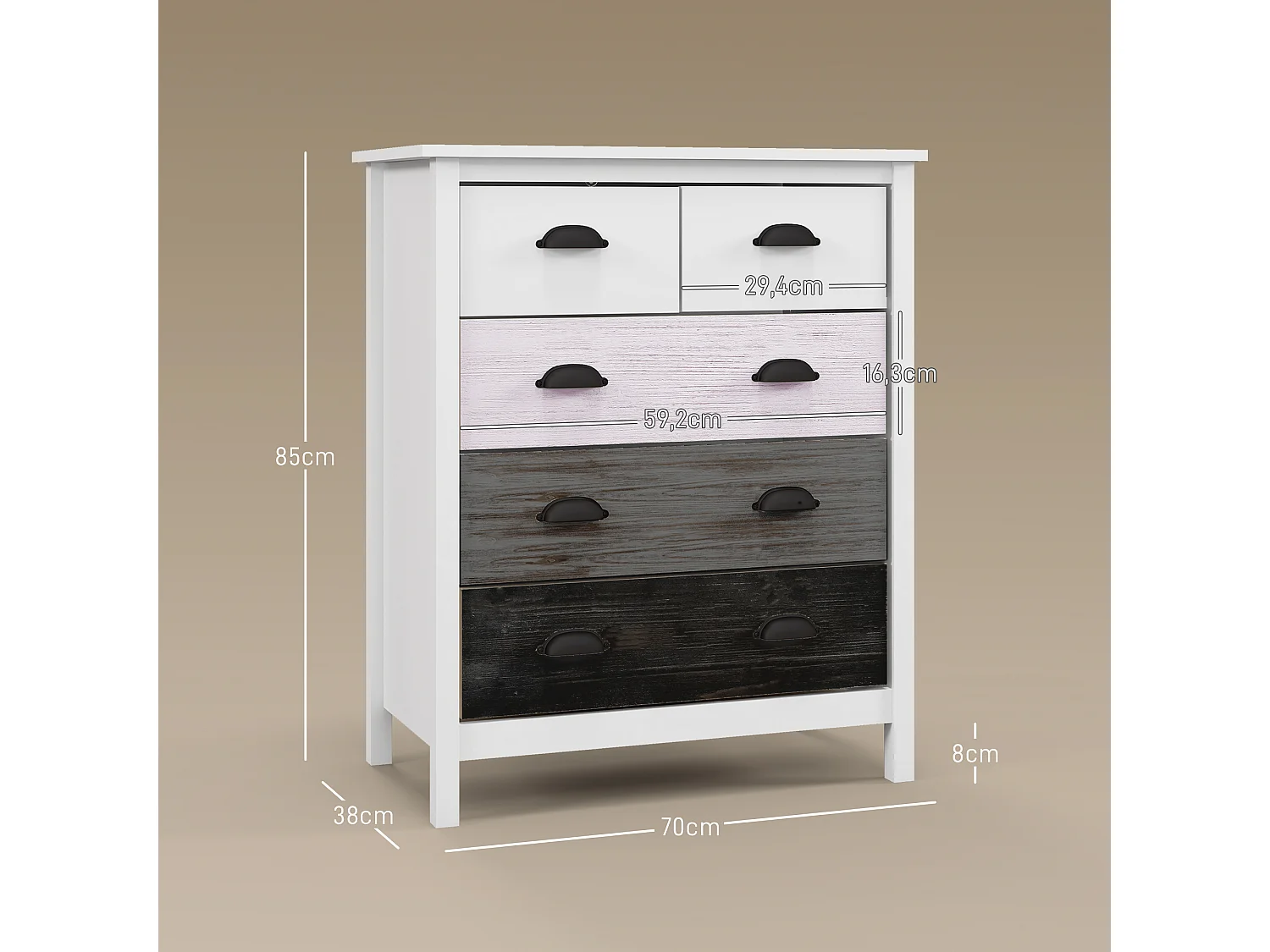 Commode 5 tiroirs style  shabby chic - poignées coquille métal noir - 70 x 38 x 85 cm - blanc effet bois
