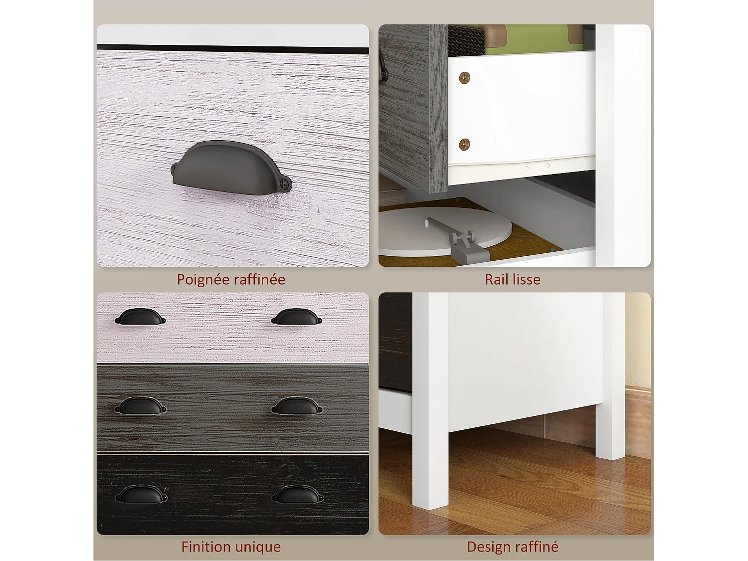 Commode 5 tiroirs style  shabby chic - poignées coquille métal noir - 70 x 38 x 85 cm - blanc effet bois