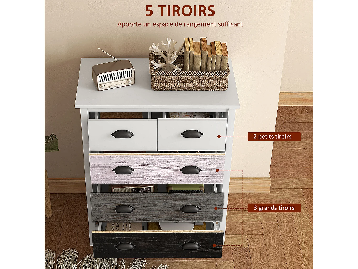Commode 5 tiroirs style  shabby chic - poignées coquille métal noir - 70 x 38 x 85 cm - blanc effet bois