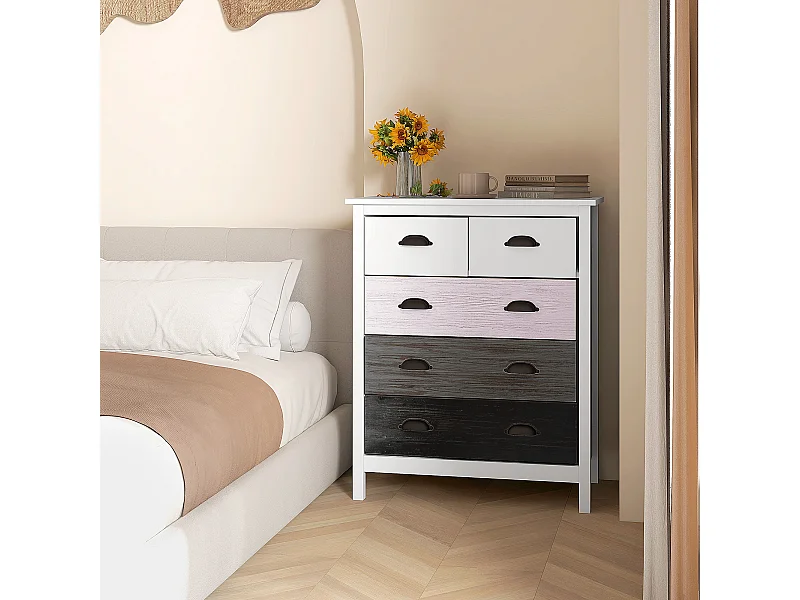 Commode 5 tiroirs style  shabby chic - poignées coquille métal noir - 70 x 38 x 85 cm - blanc effet bois