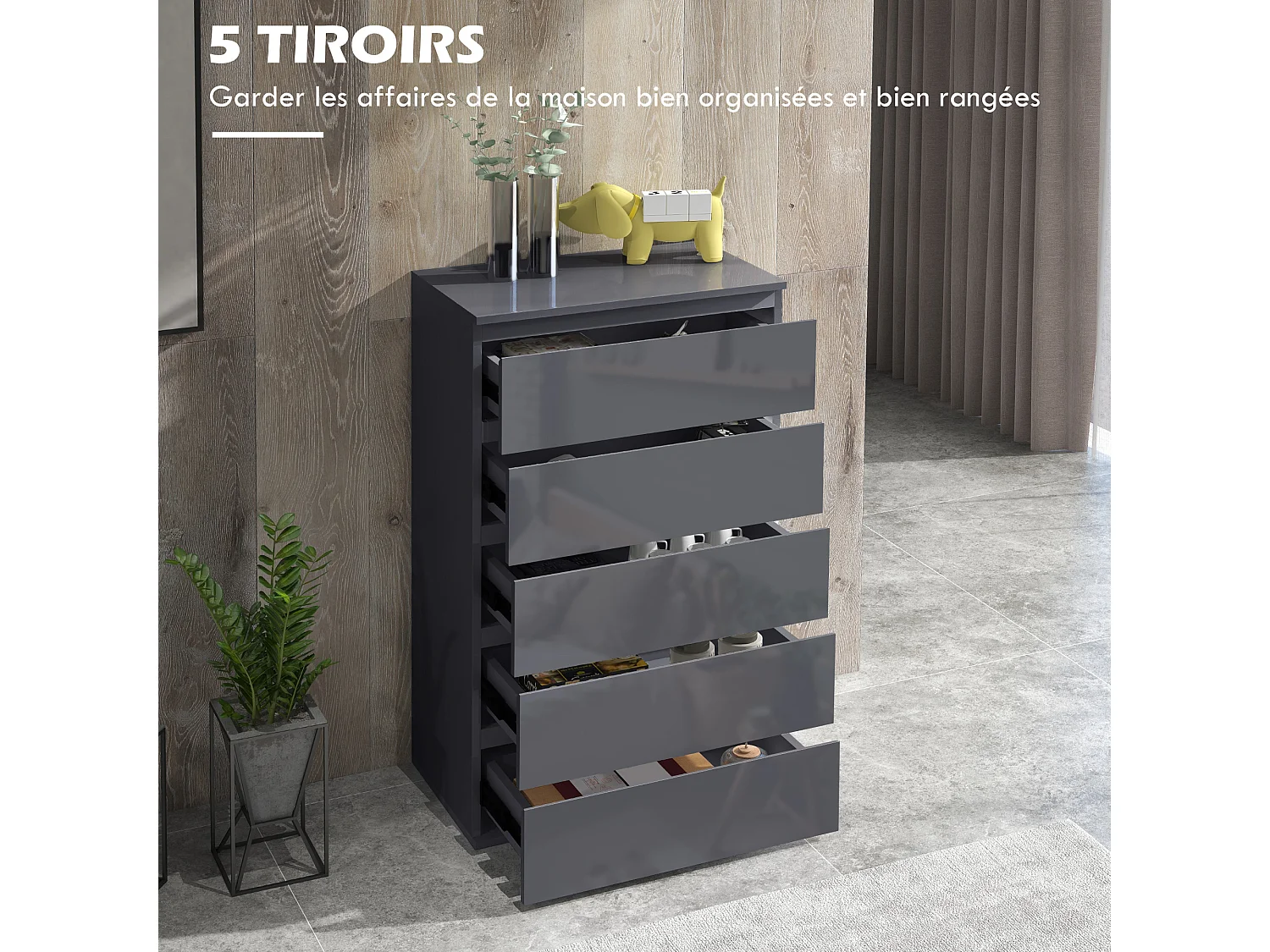 Commode 5 tiroirs style contemporain dim. 53L x 33l x 100H cm laqué gris
