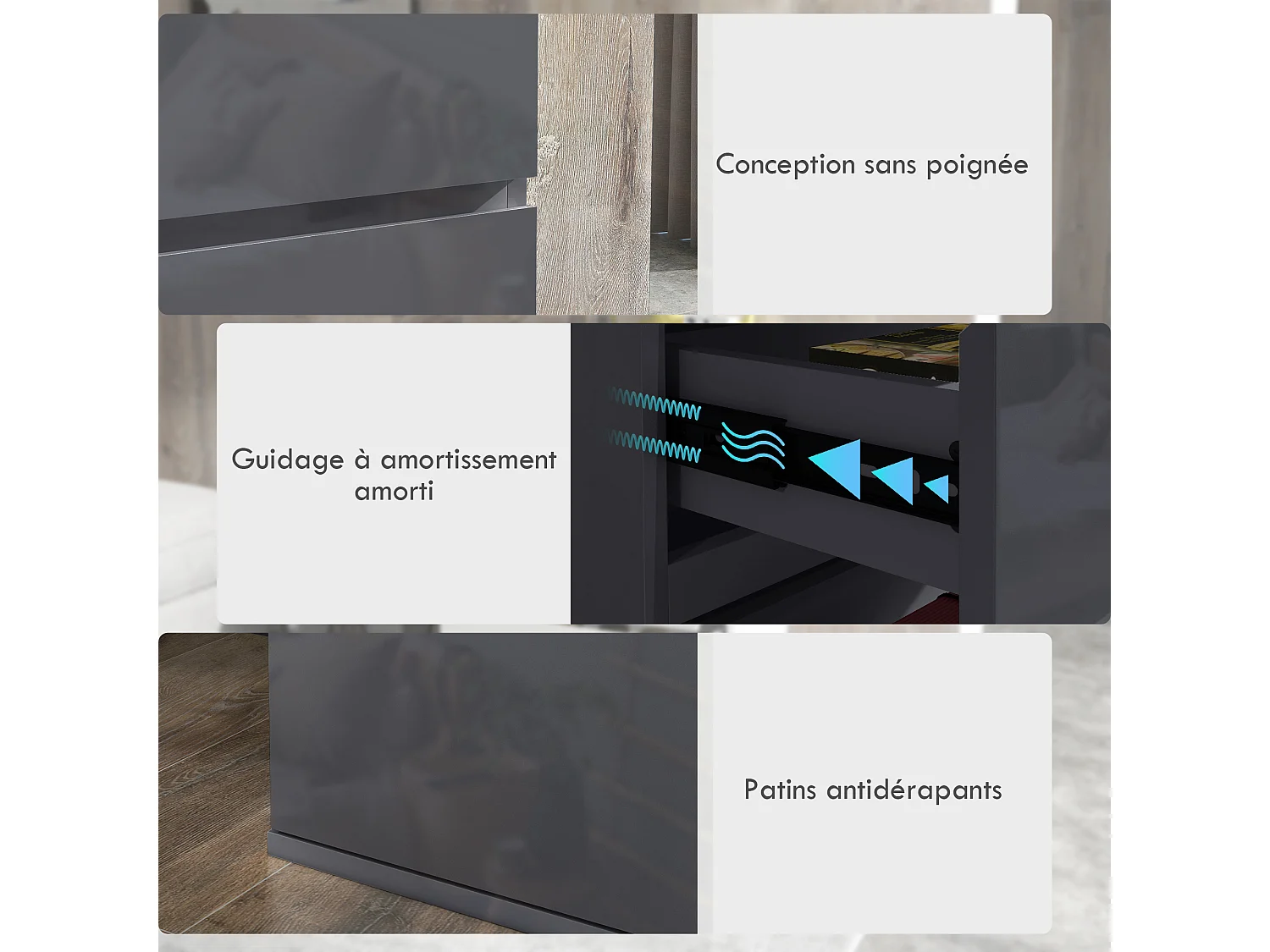 Commode 5 tiroirs style contemporain dim. 53L x 33l x 100H cm laqué gris