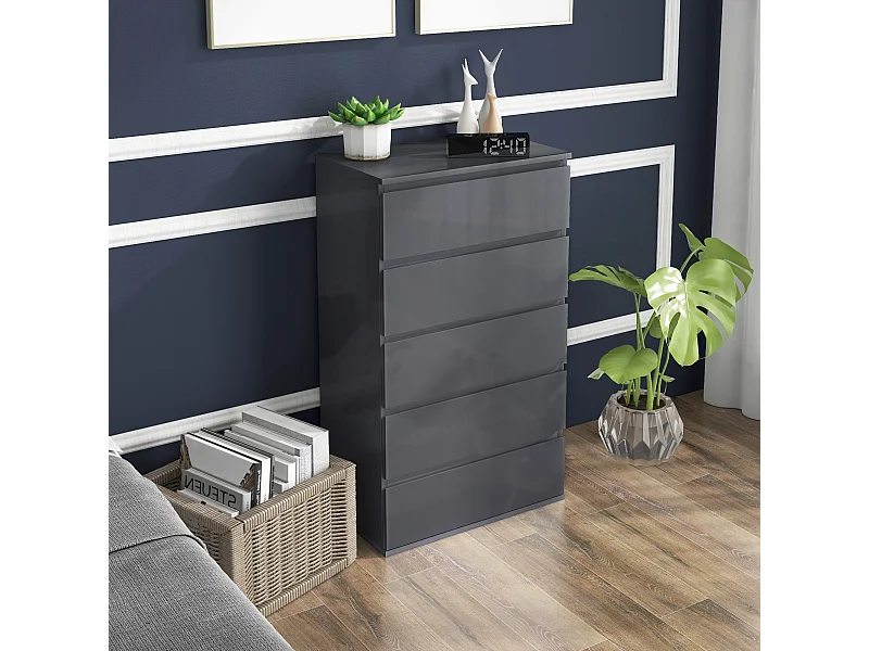 Commode 5 tiroirs style contemporain dim. 53L x 33l x 100H cm laqué gris