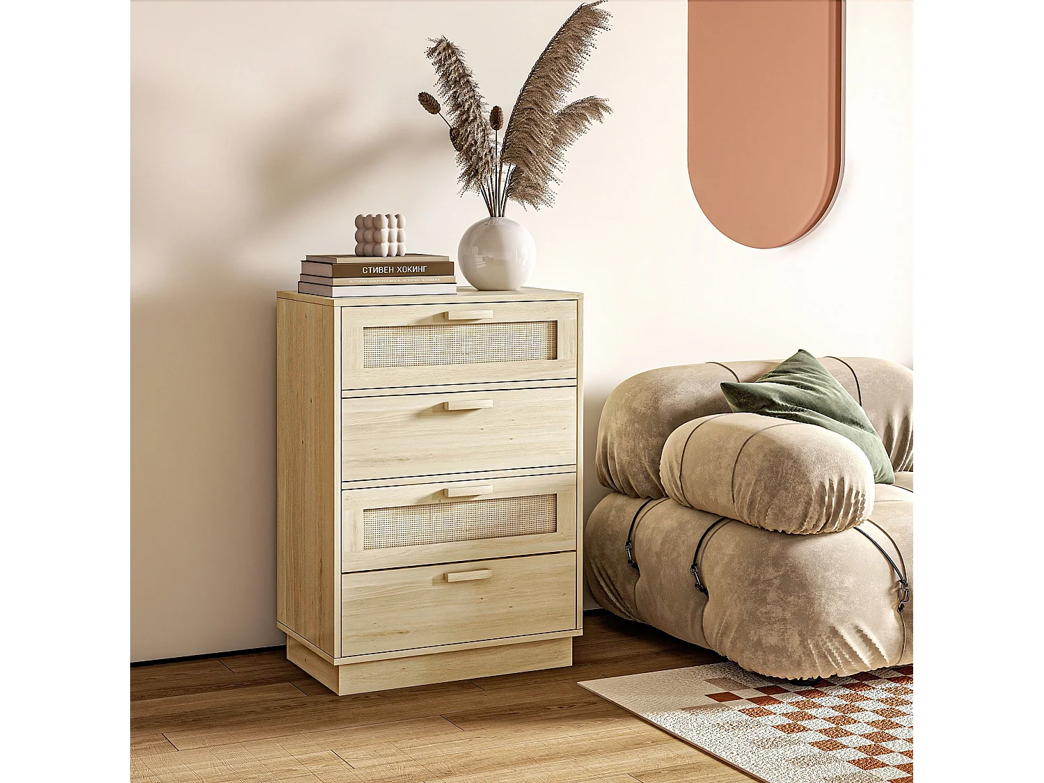 Commode 4 tiroirs style bohème chic 2 façades cannage rotin effet bois clair naturel