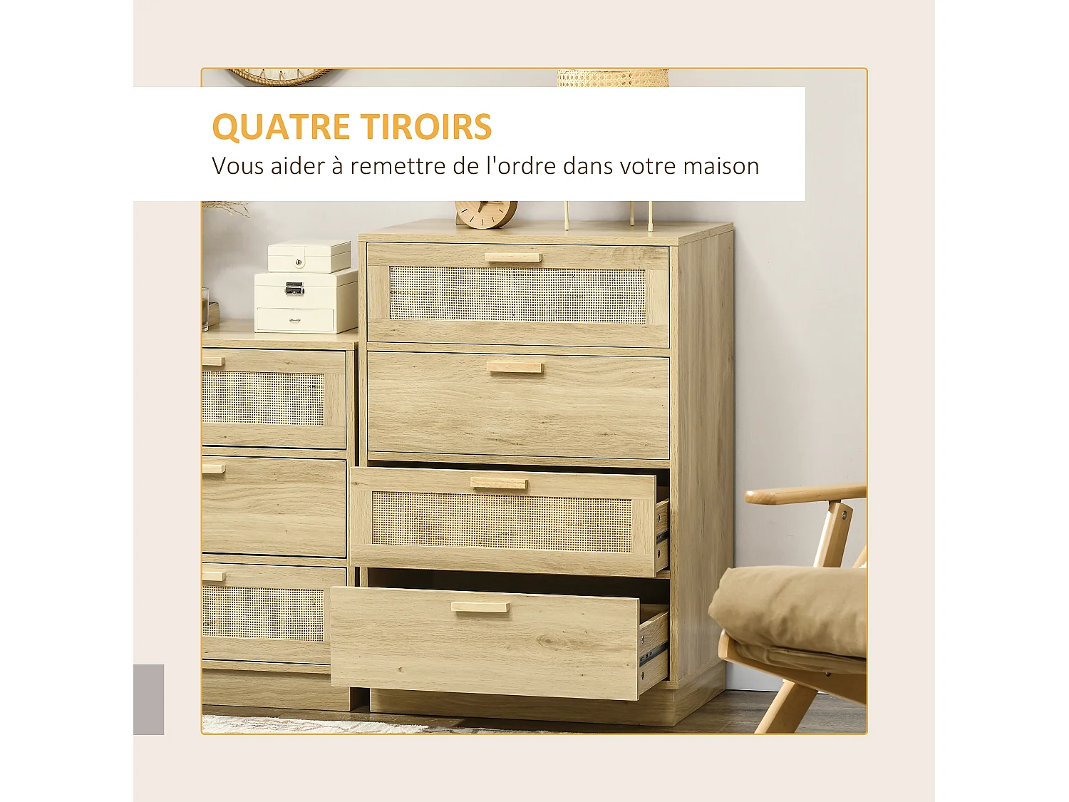 Commode 4 tiroirs style bohème chic 2 façades cannage rotin effet bois clair naturel