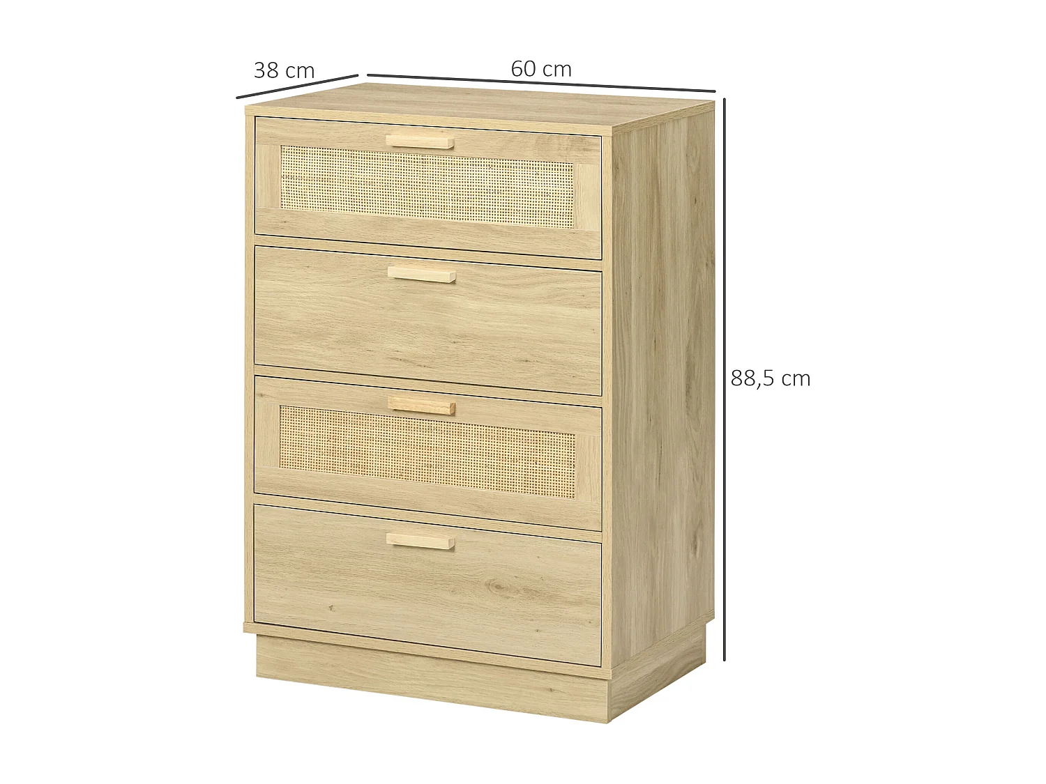 Commode 4 tiroirs style bohème chic 2 façades cannage rotin effet bois clair naturel