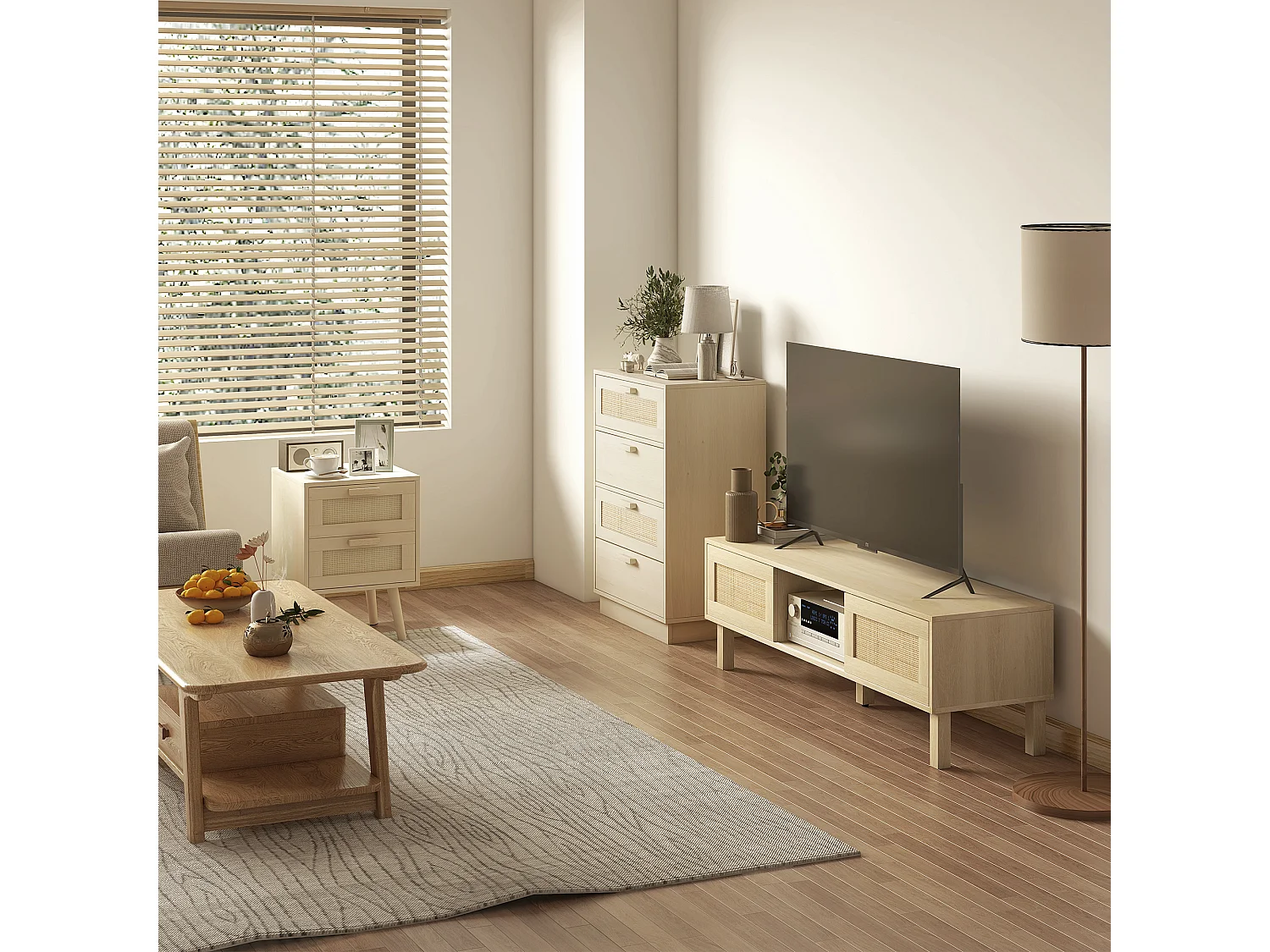 Commode 4 tiroirs style bohème chic 2 façades cannage rotin effet bois clair naturel