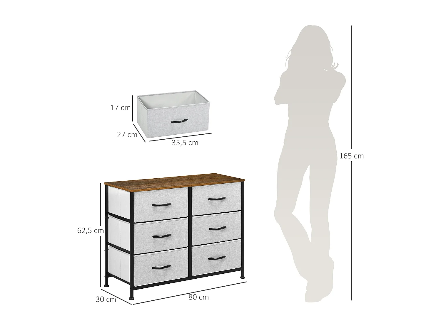 Commode meuble de rangement 6 tiroirs pliables châssis acier noir plateau aspect bois non tissé gris