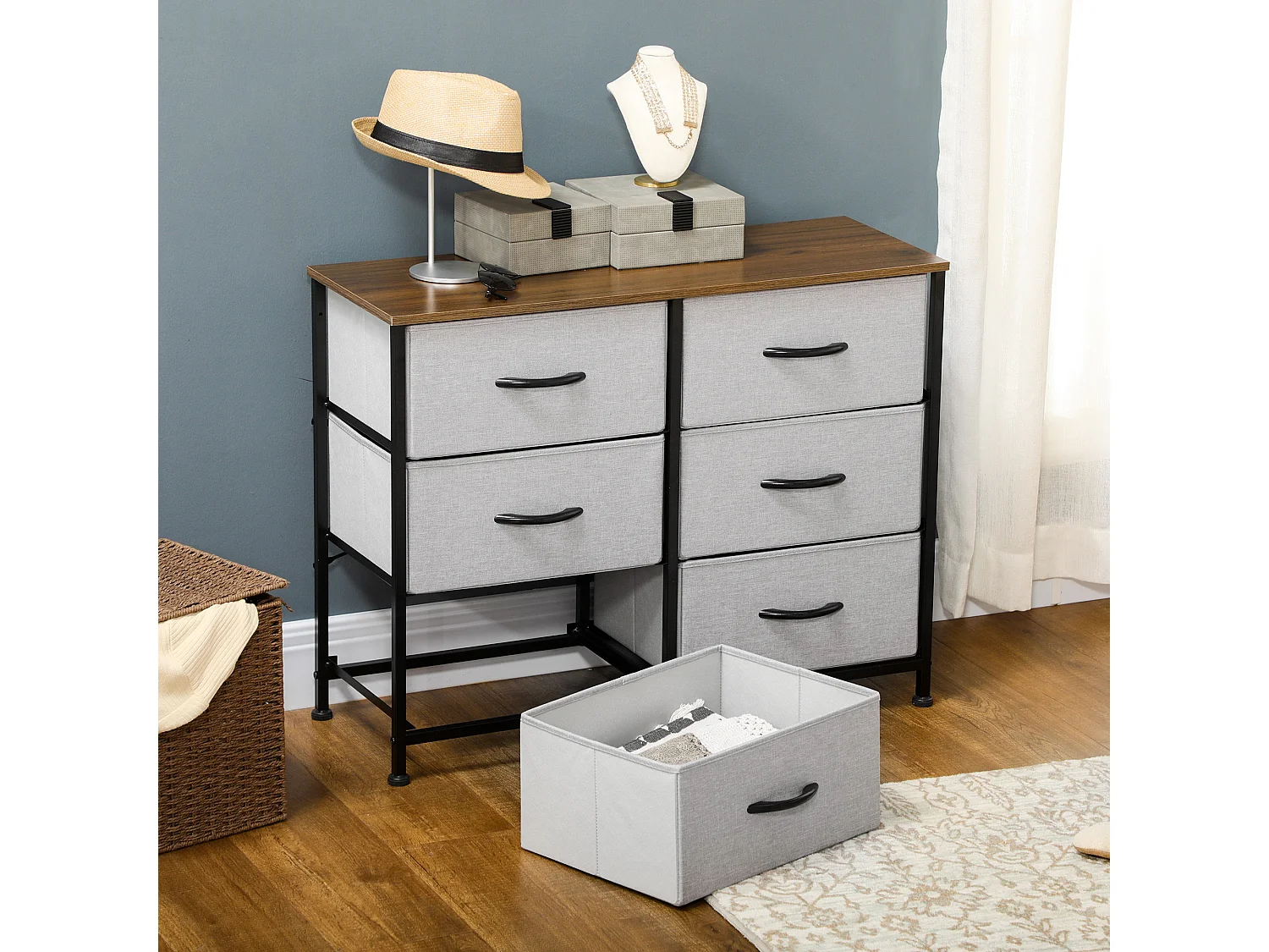 Commode meuble de rangement 6 tiroirs pliables châssis acier noir plateau aspect bois non tissé gris