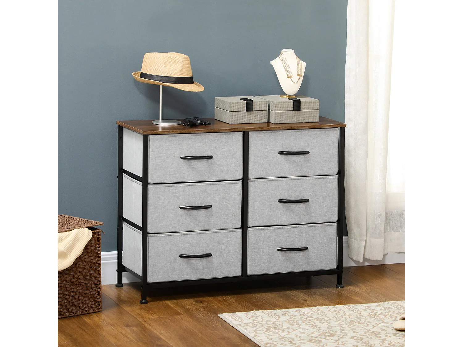 Commode meuble de rangement 6 tiroirs pliables châssis acier noir plateau aspect bois non tissé gris