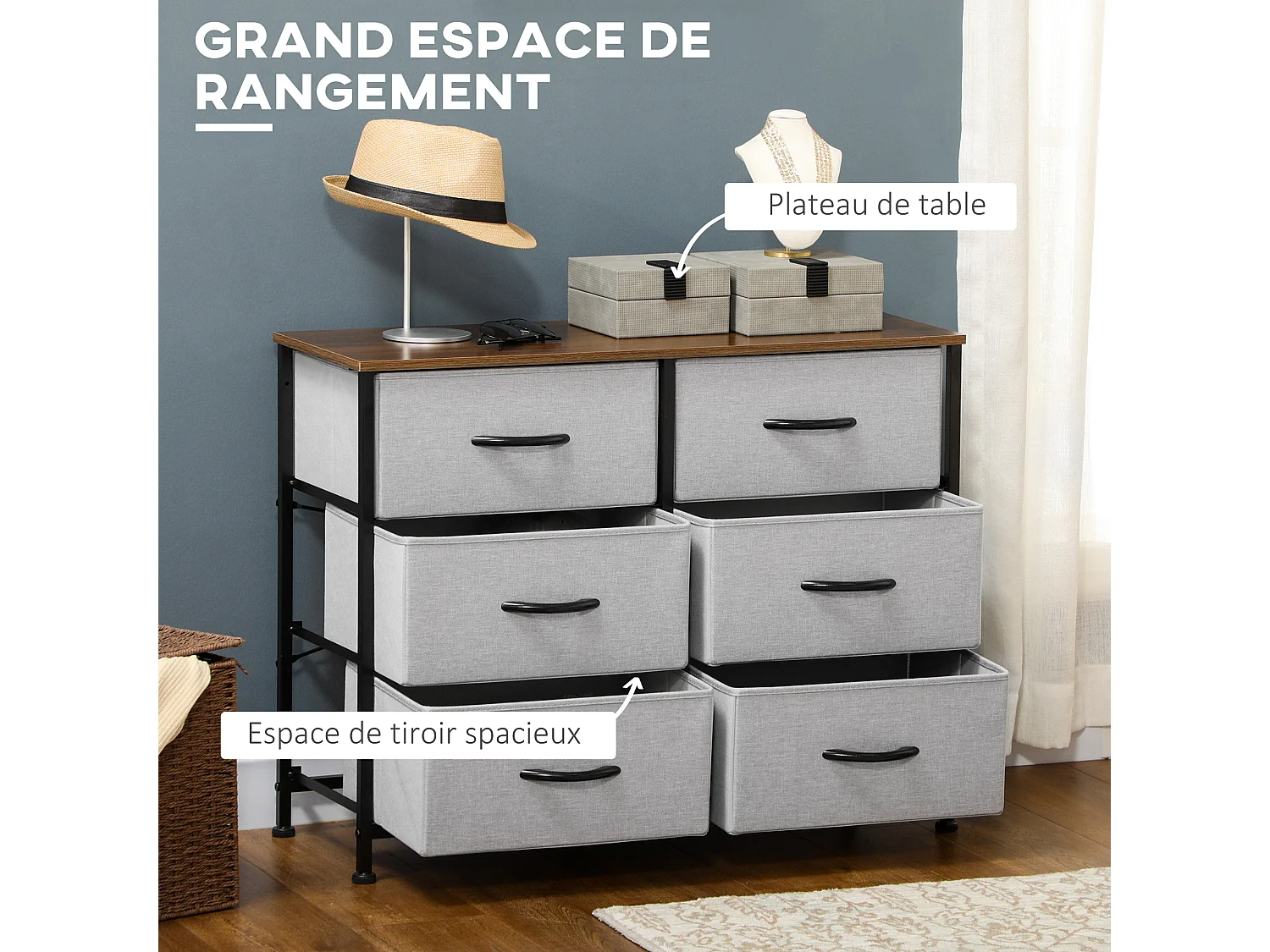 Commode meuble de rangement 6 tiroirs pliables châssis acier noir plateau aspect bois non tissé gris