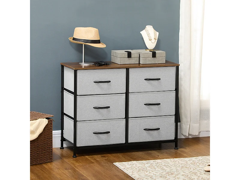 Commode meuble de rangement 6 tiroirs pliables châssis acier noir plateau aspect bois non tissé gris