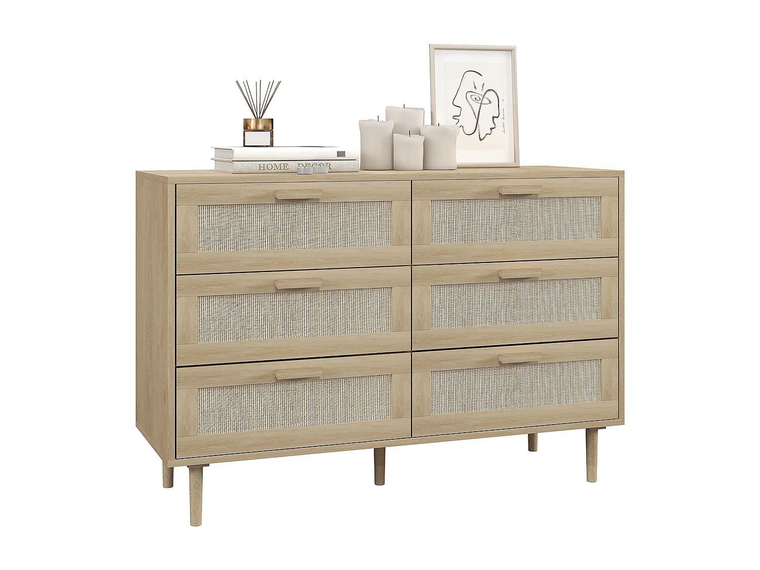 Commode 6 tiroirs style bohème chic - dim. 110L x 40l x 75H cm - cannage rotin aspect bois clair