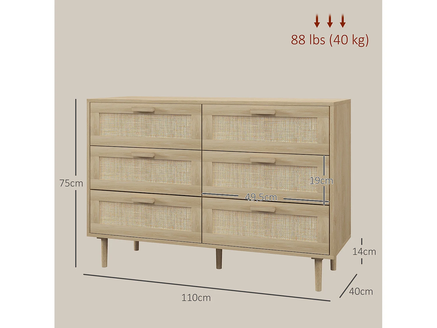 Commode 6 tiroirs style bohème chic - dim. 110L x 40l x 75H cm - cannage rotin aspect bois clair