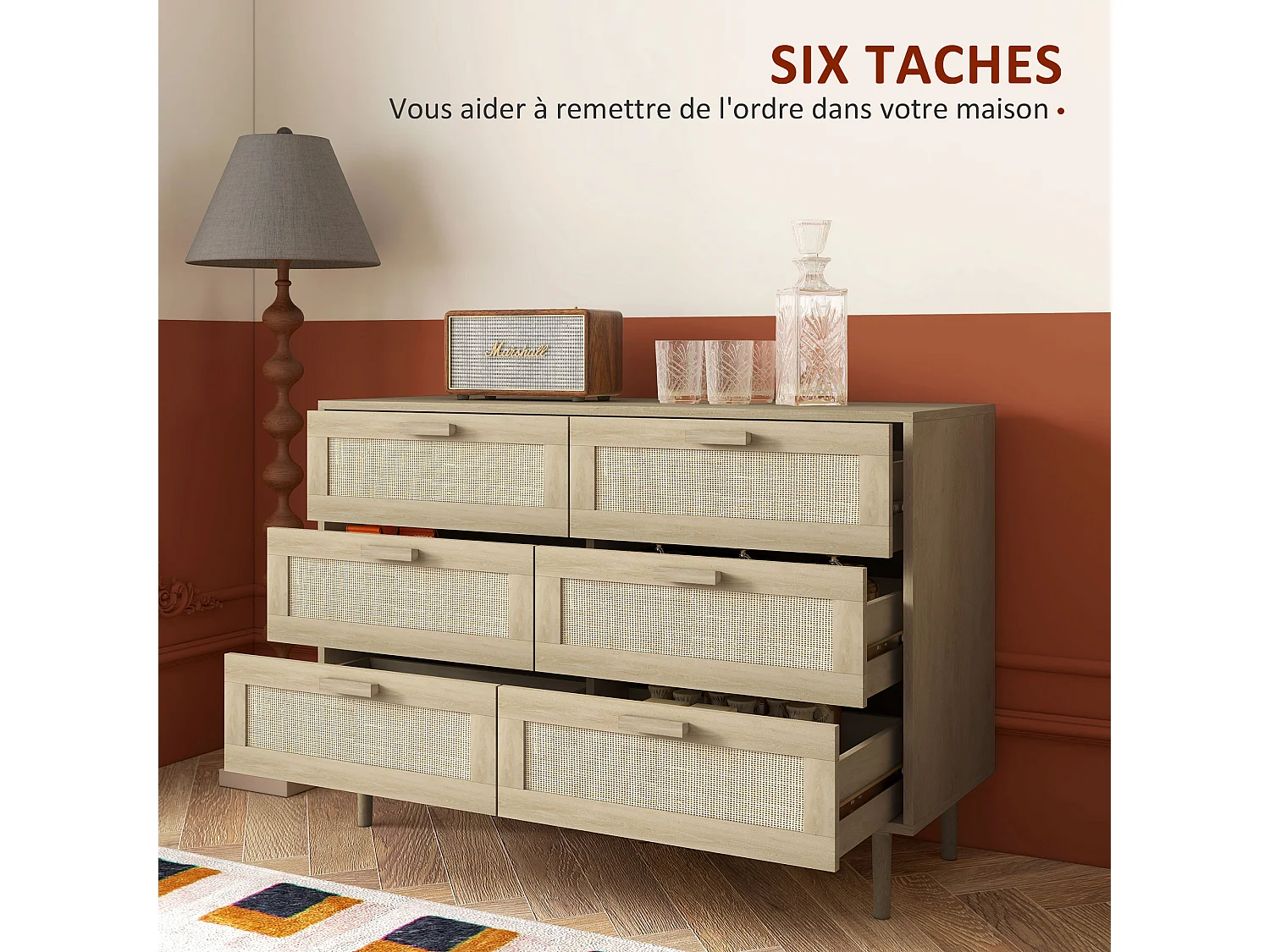 Commode 6 tiroirs style bohème chic - dim. 110L x 40l x 75H cm - cannage rotin aspect bois clair