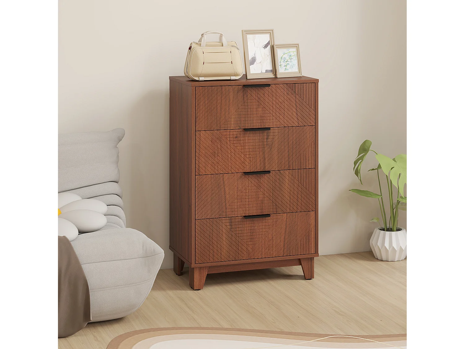 Commode 4 tiroirs style exotique effet bois de noyer sculpté dim. 60 x 36 x 90 cm