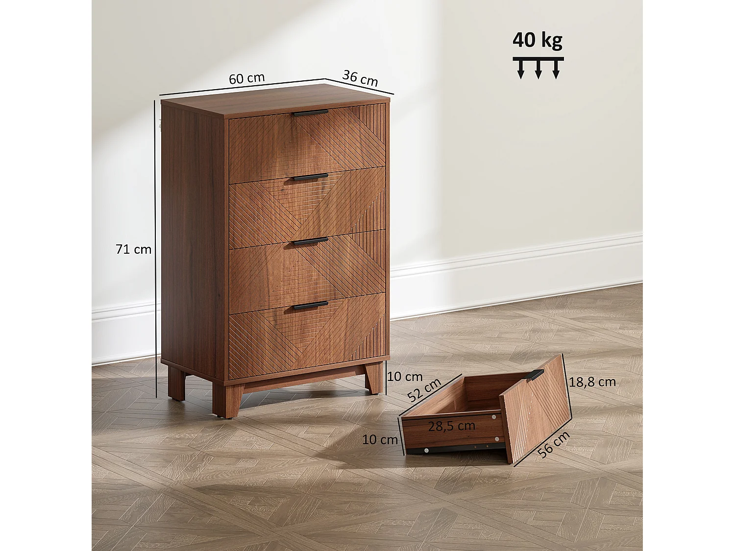 Commode 4 tiroirs style exotique effet bois de noyer sculpté dim. 60 x 36 x 90 cm